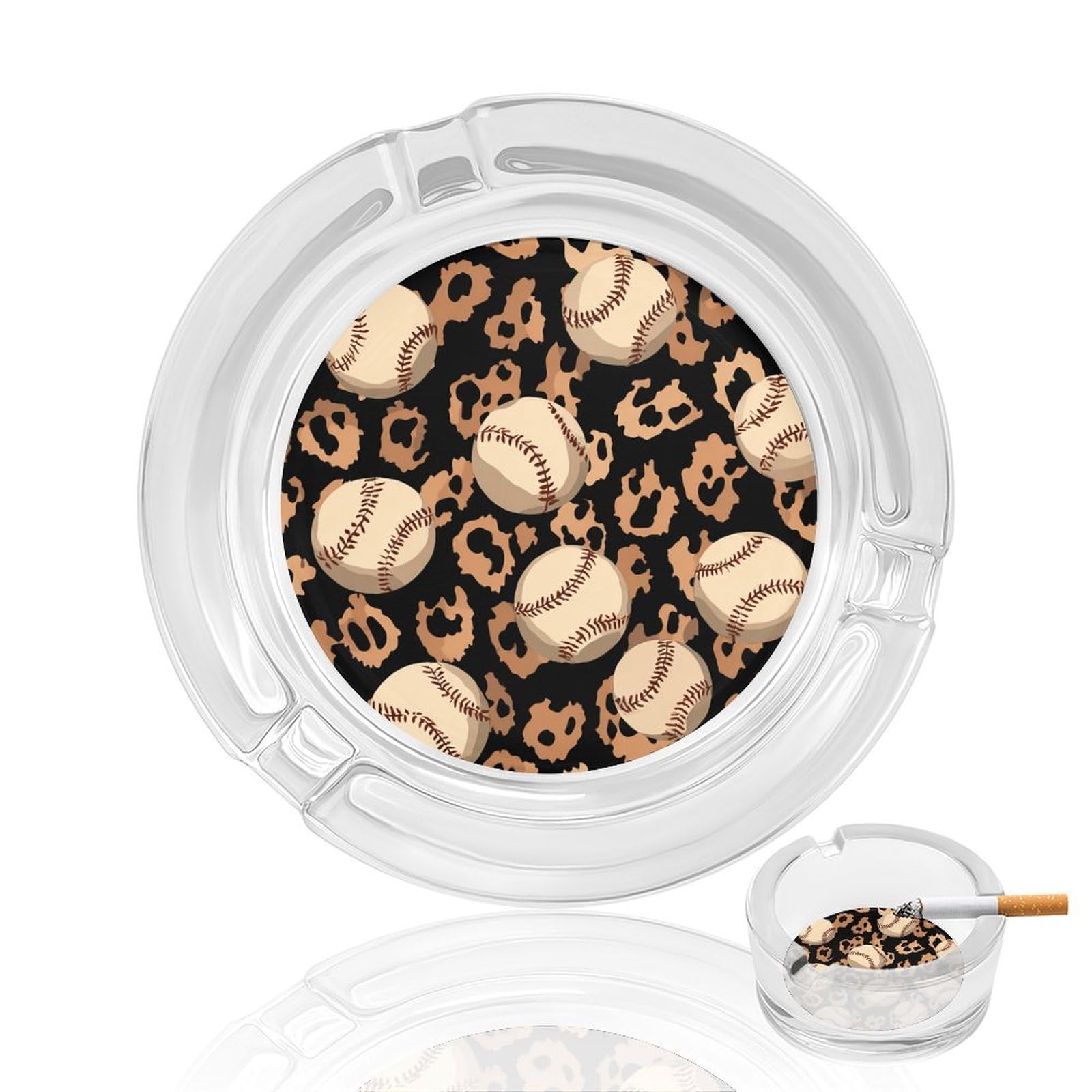 Baseball on Leopard Pattern Glass Ashtray for Cigarettes Portable Decorative Ash Trays for Home Office Decor
