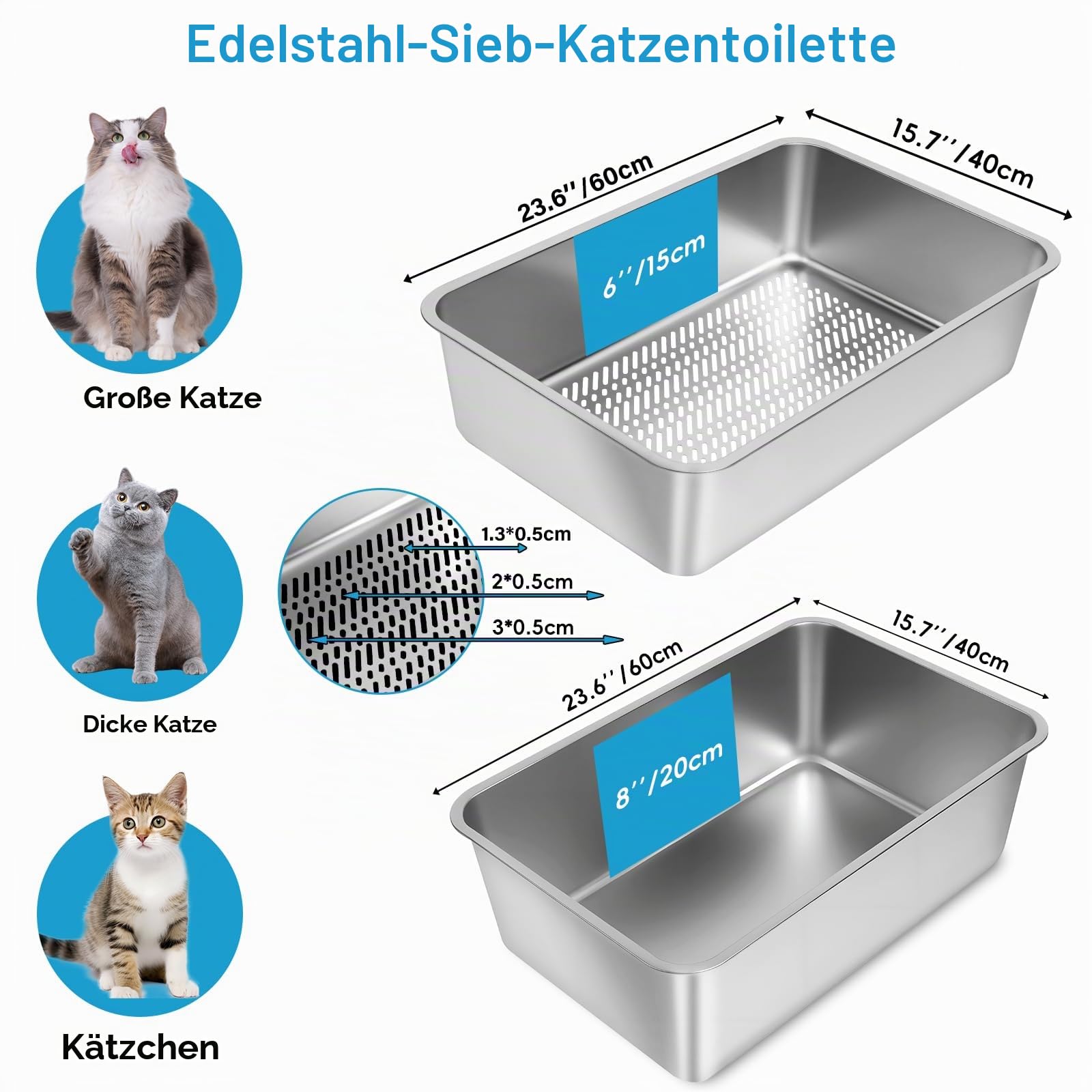 Katzenklo Edelstahl XXL, 23.6’’Lx15.7’’Wx8’’H Halbgeschlossenes Metall Katzentoilette mit Siebpfanne, Schaufel für große Katzen, einfache Reinigung