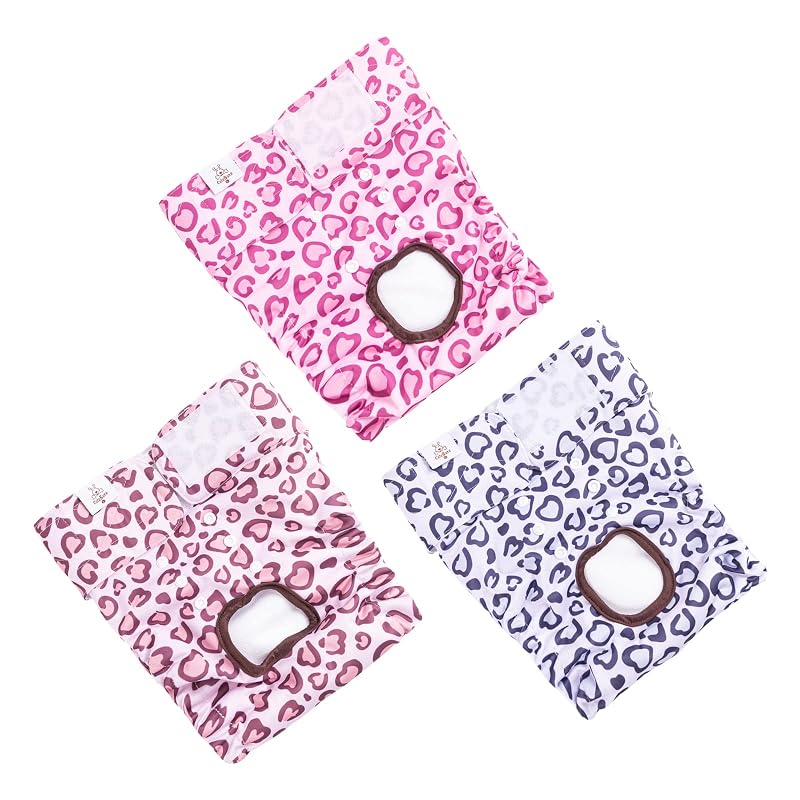 Fralda Lavável para Cadela CuteBone de Poliéster Ajustável D54L Heart leopard print, Tamanho L, Pacote com 3