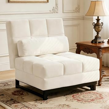 3-in-1 Convertible Chair Bed, Folding Sofa Bed Convertible Sleeper Chair with Back Support, Upholstered Lounge Couch for Living Room, Spare Room, Bedroom, White Single