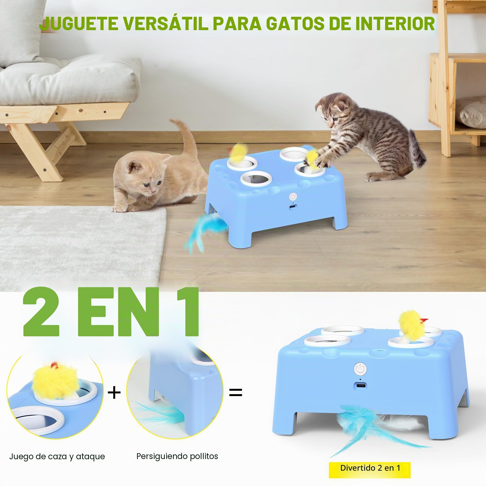 Juguetes Interactivos para Gatos, Juguete Automático 2-en-1 para Gatitos-Recargable con Pluma giratoria y ratón Escondido, Juguetes Gatos Estimulacion, San Valentín (Azul)