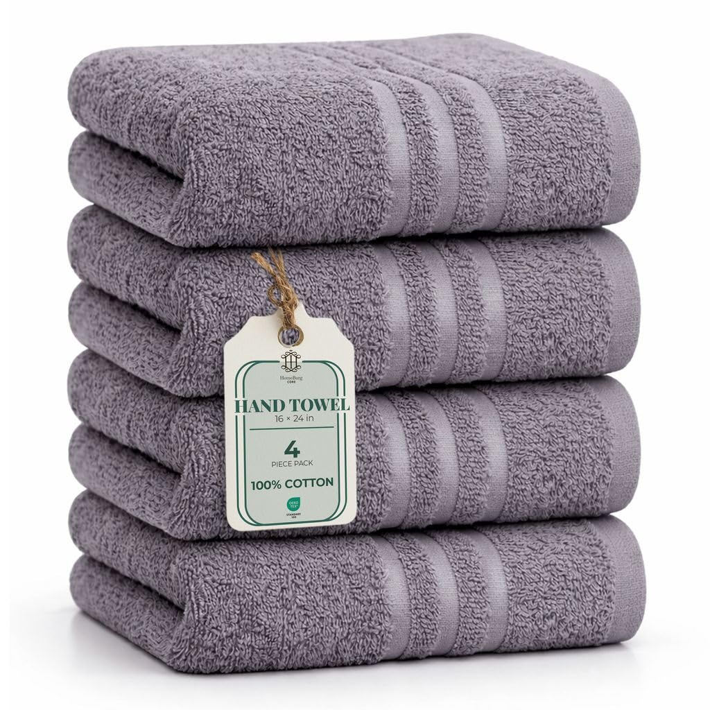 HomeBurg CORE 4-Piece Cotton Hand Towels for Bathroom and Kitchen