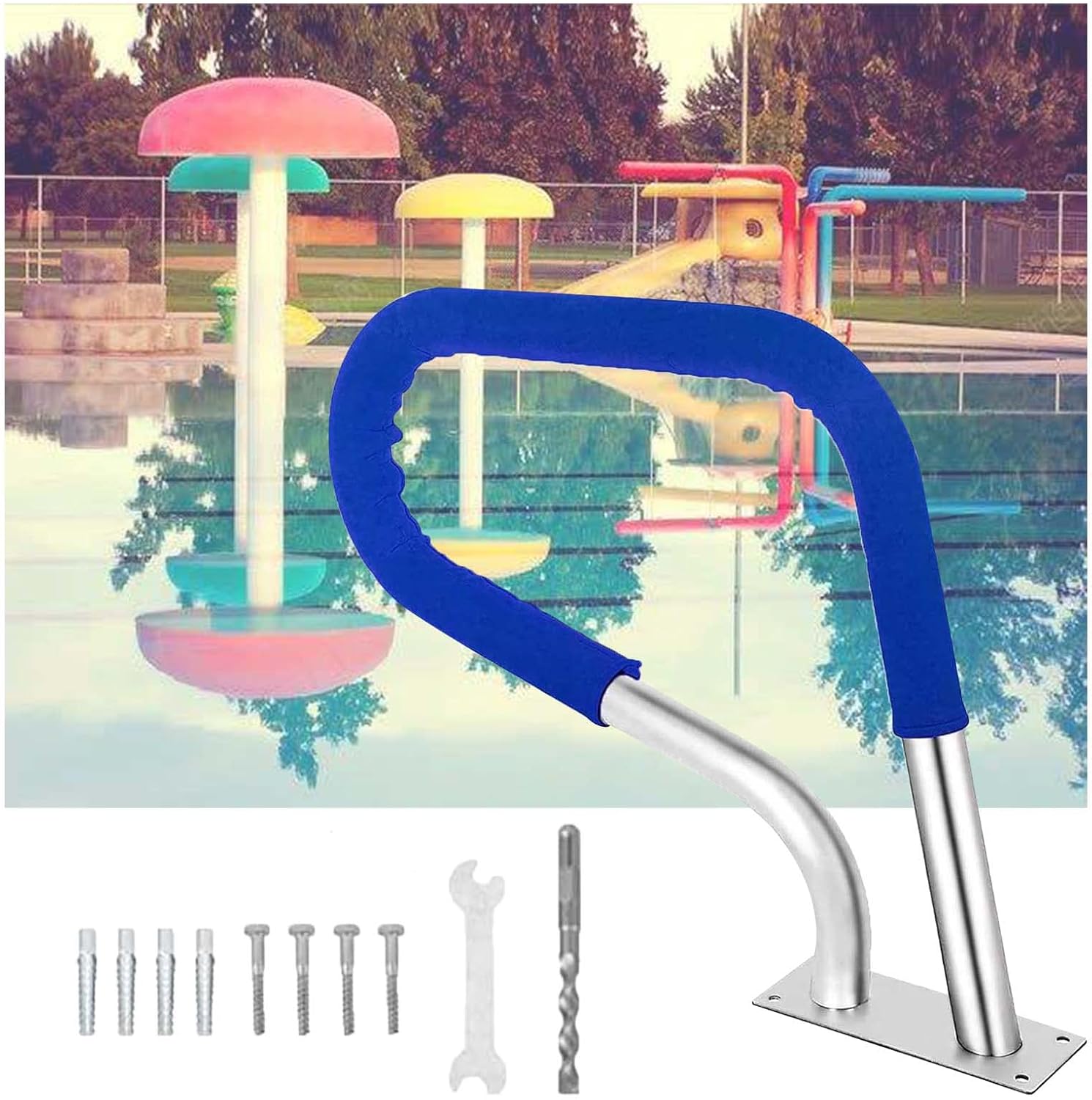 URYYRIT Pool Handrail 304 Stainless Steel Spas Stair Handrails with Blue Grip Cover and Quick Mount Base Plate Safety Swimming Pool Entrance Handrails
