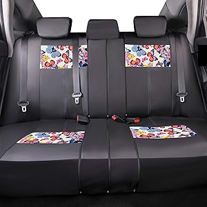 CAR-GRAND Universal Fit Pretty Butterfly and Flowers PU Leather Car Seat Covers with Zipper Design, Full Set Package,Airbag Compatible (Black with Beige)