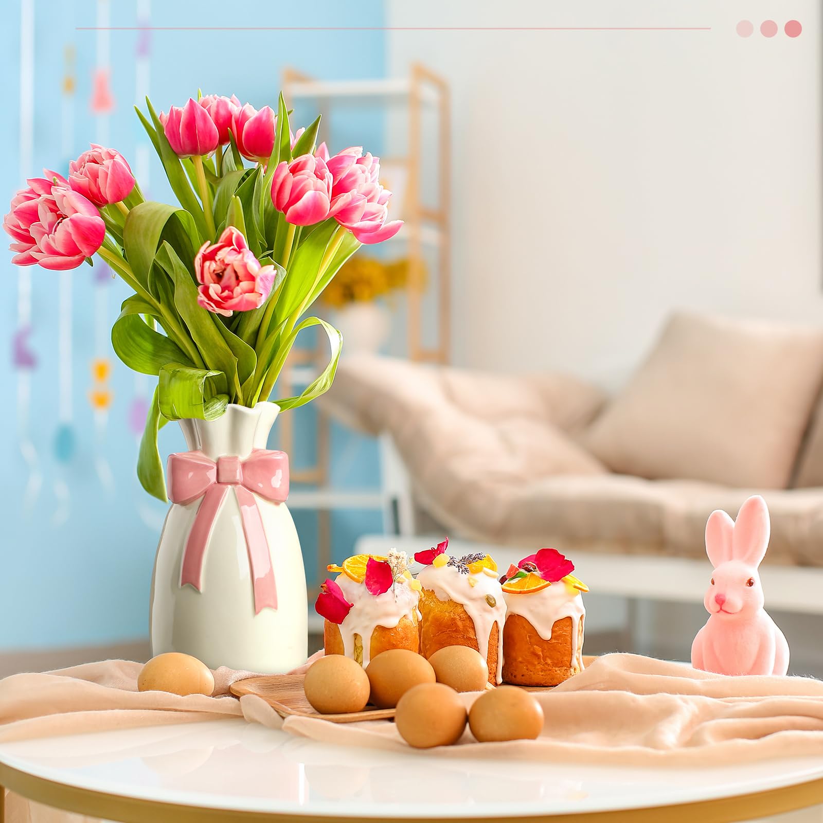 Florero de cerámica rosa para flores, bonito jarrón de flores de 9.3 pulgadas con lazo rosa decoración de habitación para decoración del hogar para estante mesa sala de estar 5