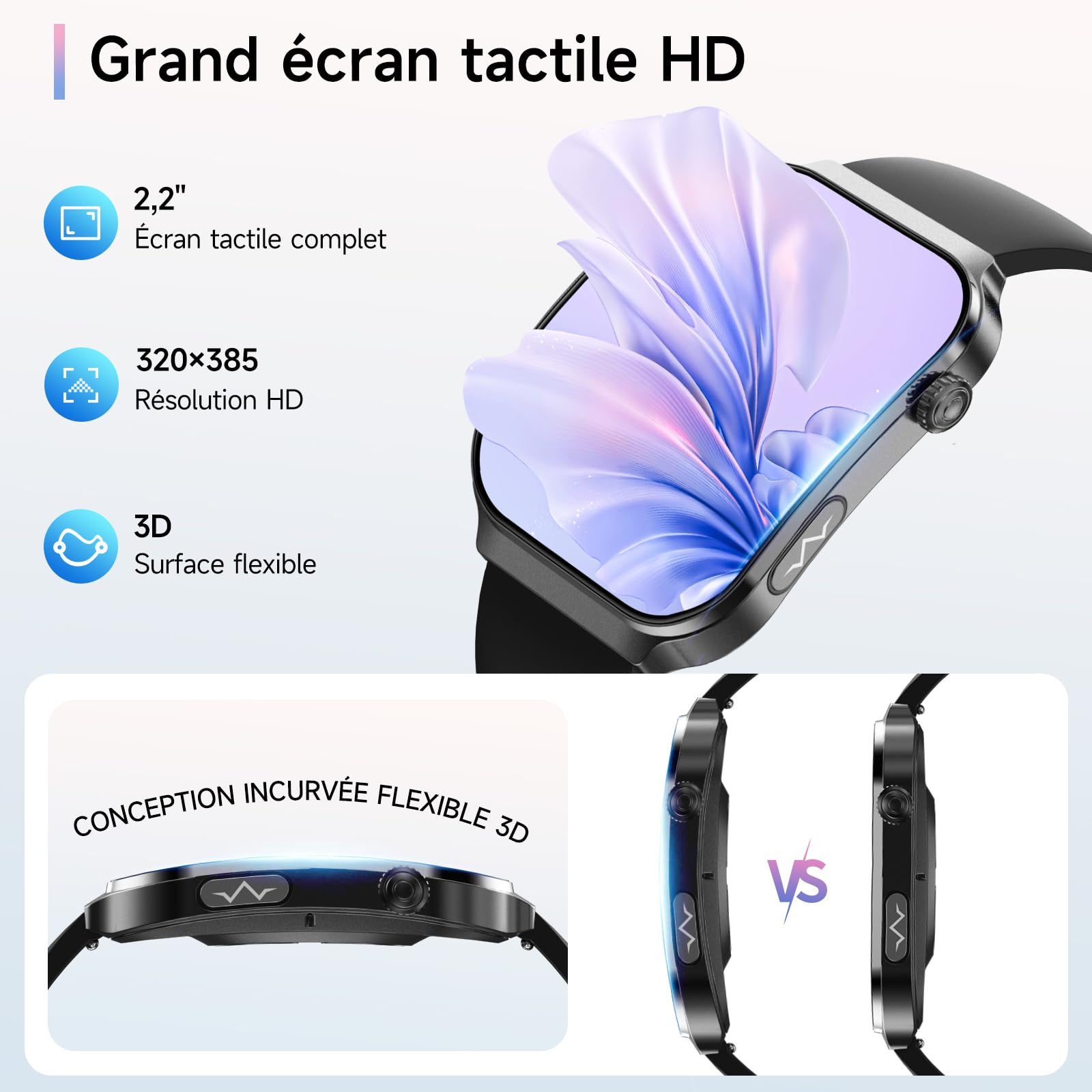 Nouv’ECG Smartwatch Homme Pression Artérielle, 2.2" Écran Incurvé