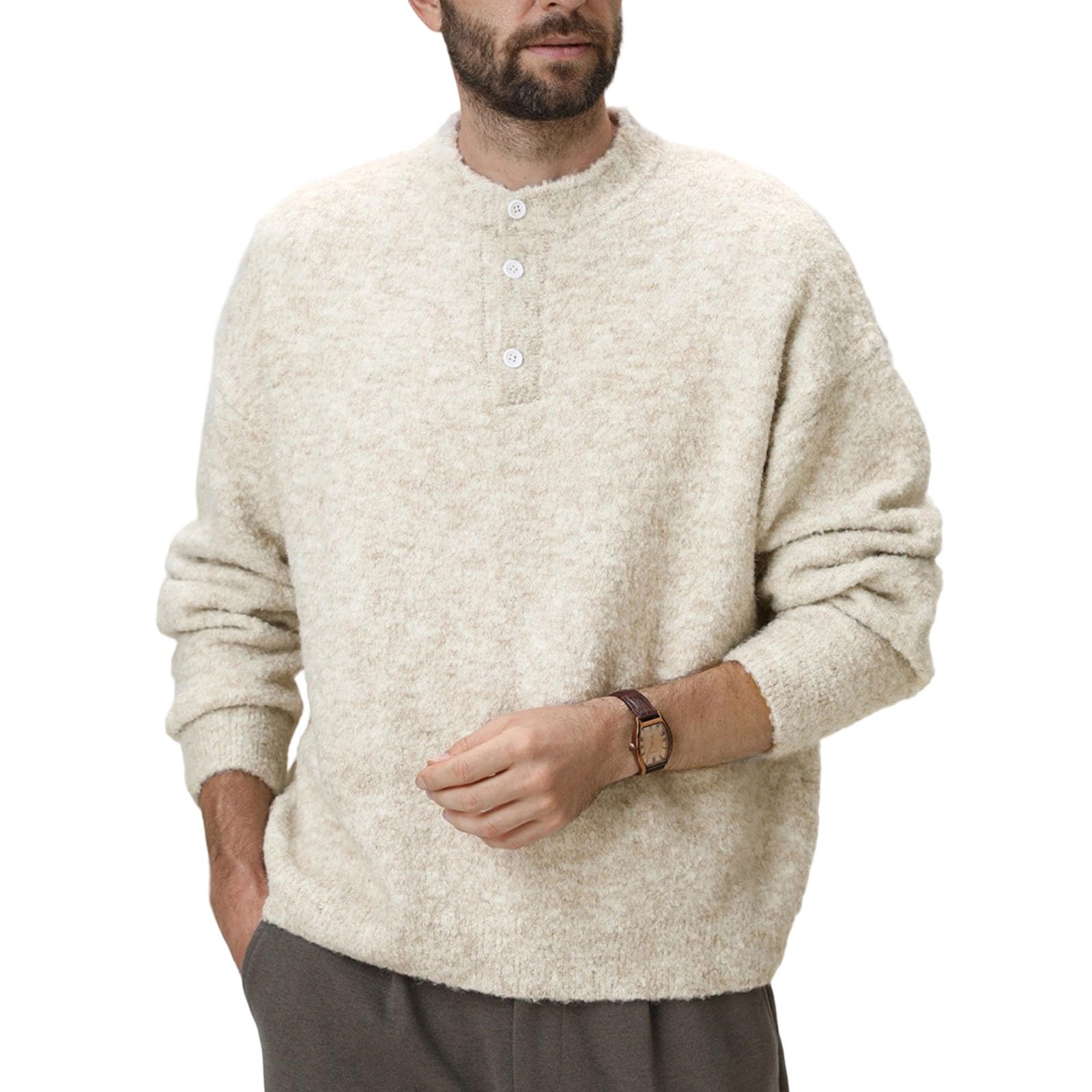 Maglione da uomo Henley a manica lunga casual con bottoni e girocollo in maglia morbida