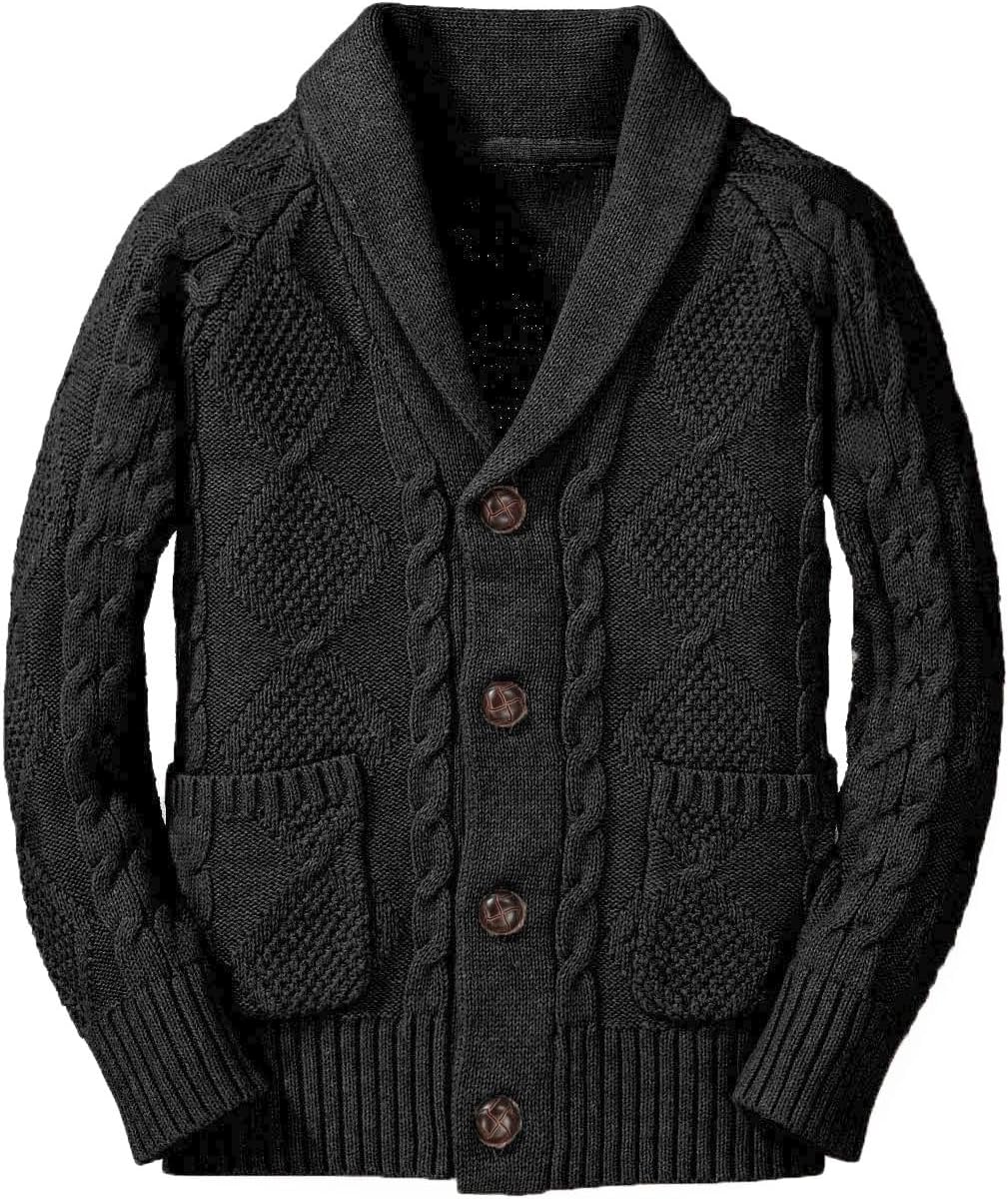 Boy's Button Down Shawl Collar Cable Knitted Sweater Cardigan 5-14Y