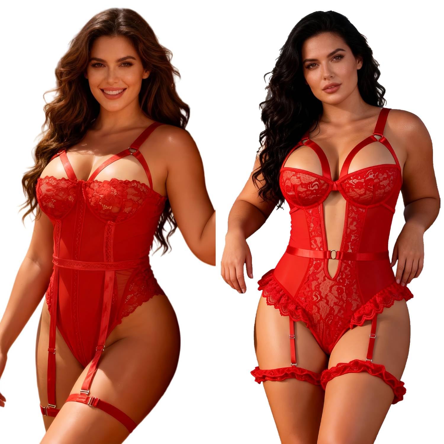 comeondear 2 Pack Body Damen Sexy Spitze mit Strapse Rot,XL-XXL