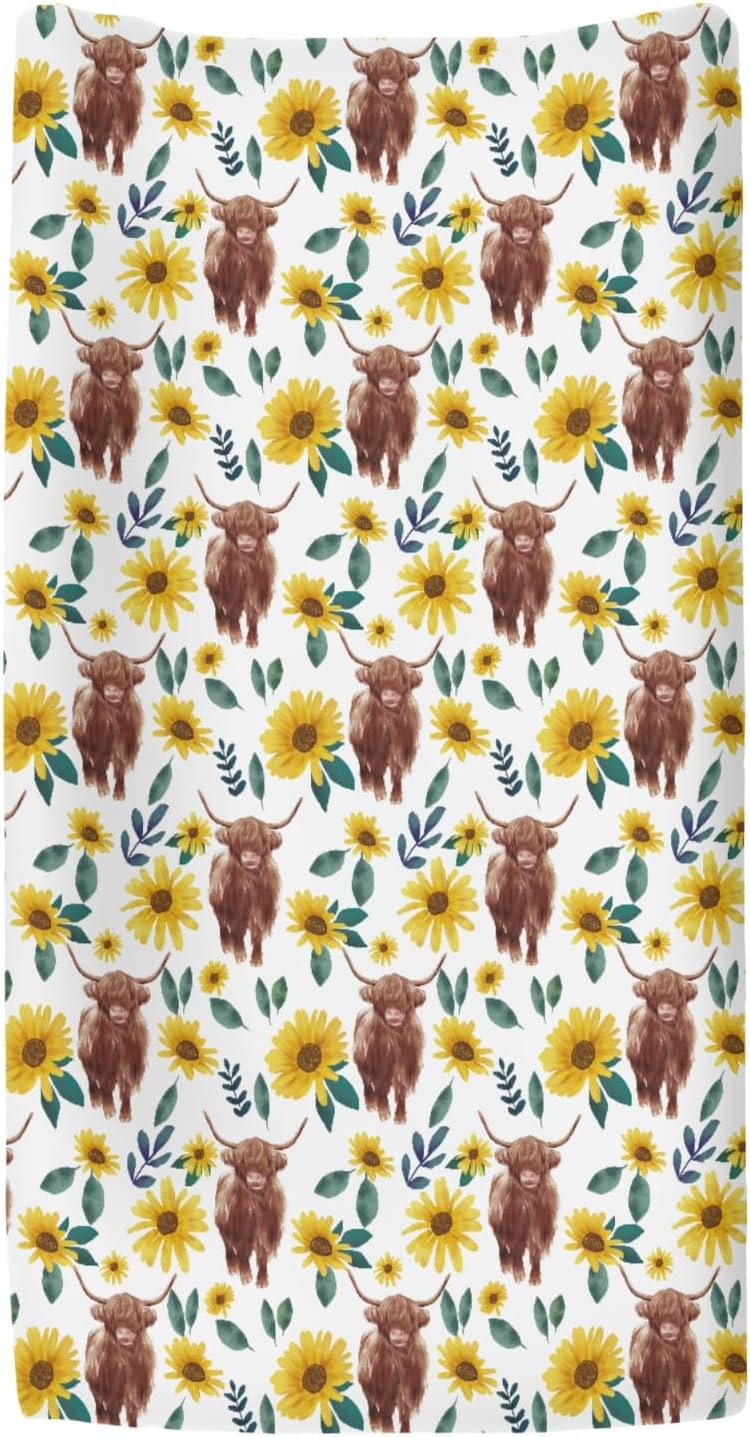 Highland Cow Yellow Sunflowers Changing Pad Cover for Baby Girl Boy Highland Yak Boho Floral Fitted Change Table Mats Vintage Farm Animal Soft Diaper Changing Table Sheets for 32''×16'' Contoured Pad