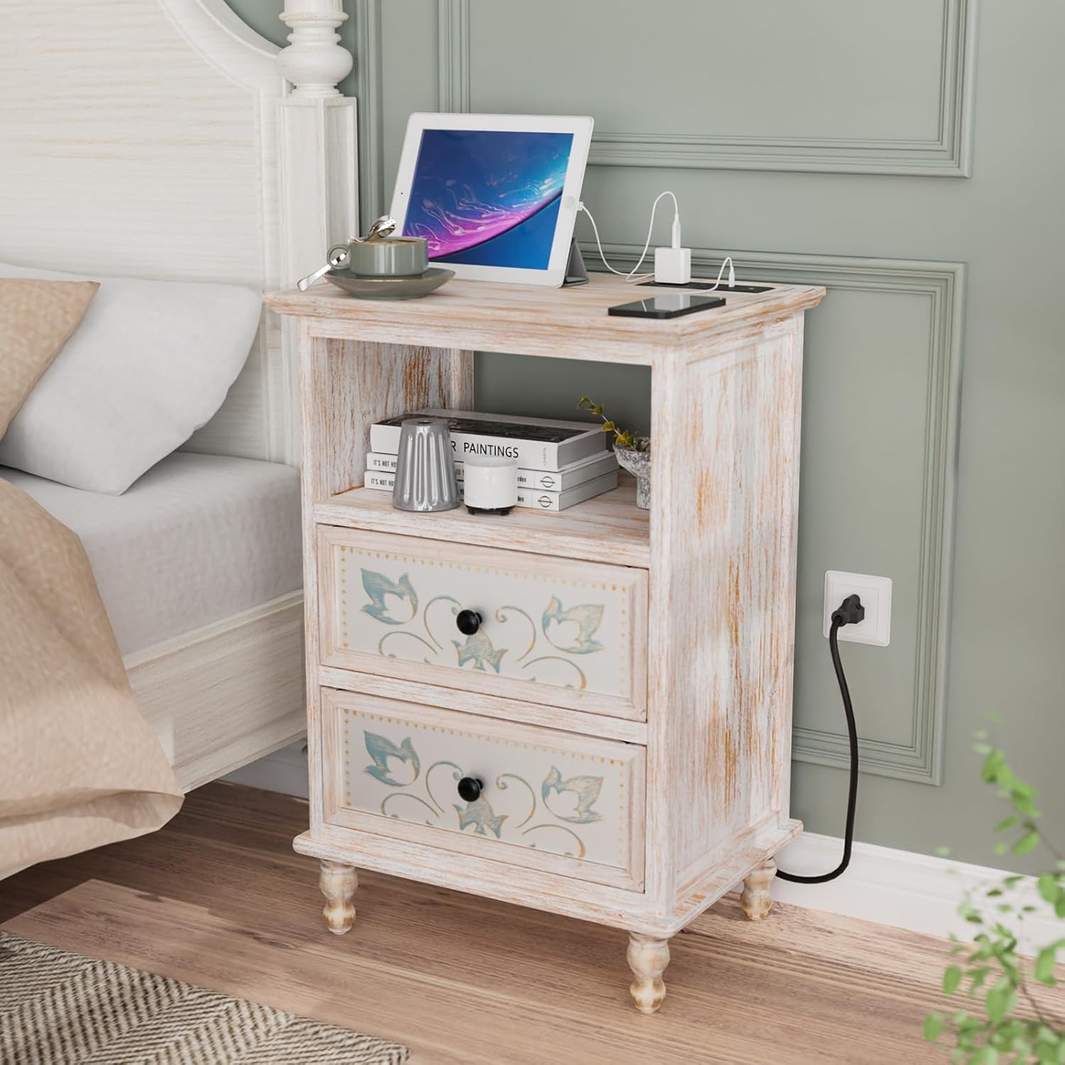 VINGLI White Nightstand with Charging Station, 28.7" Tall Night Stand, French Country Nightstand for Bedroom, Bedside Table White Vintage with Solid Wood Legs, 14.17" D x 19.69" W x 28.74" H