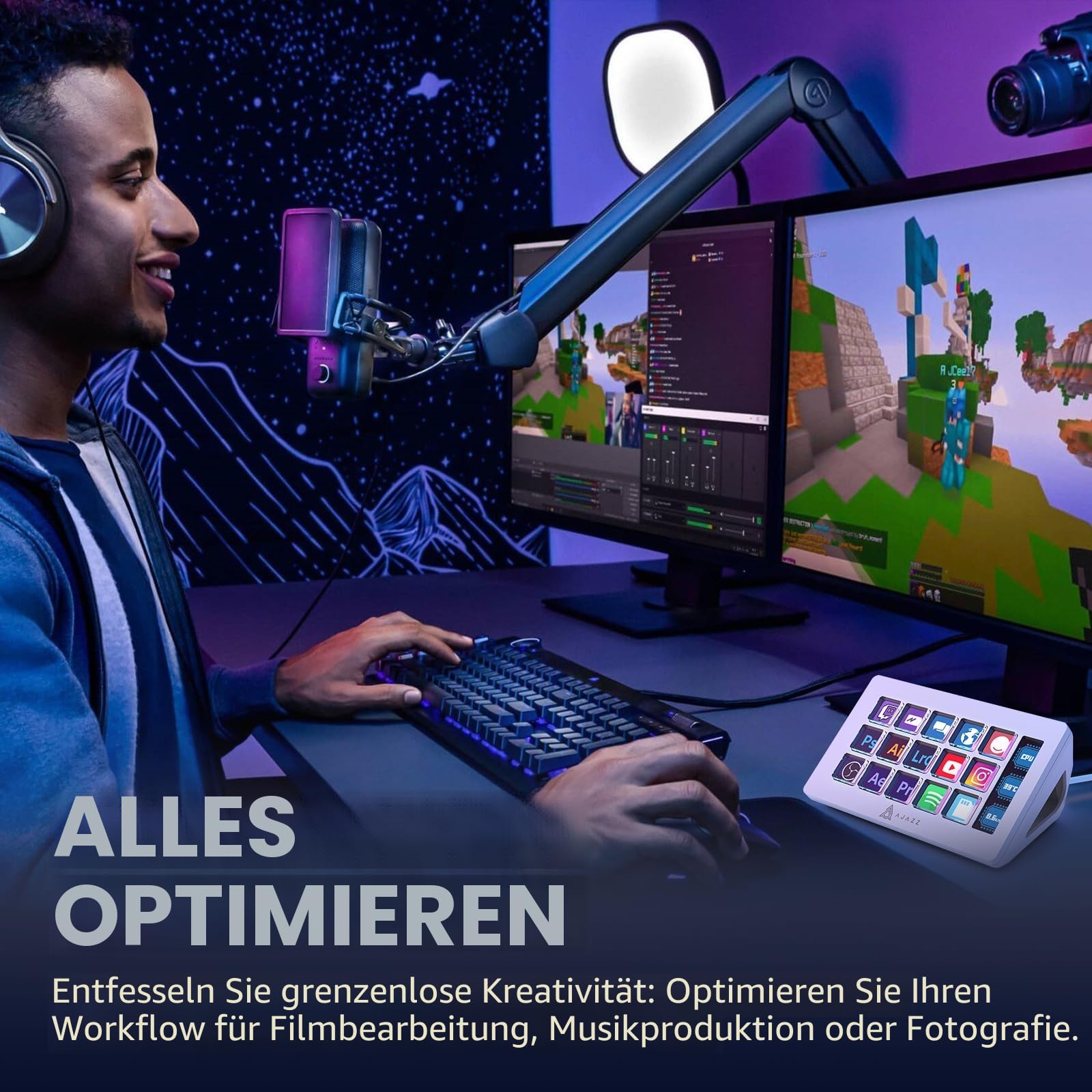 AJAZZ AKP153 Studiodeck, Stream-Controller, 15 Makrotasten, Seitenbildschirm, auslösen von Aktion in Software wie OBS, Twitch, YouTube und mehr, für Content Creators, Streaming, Gaming, Mac/PC, Weiß