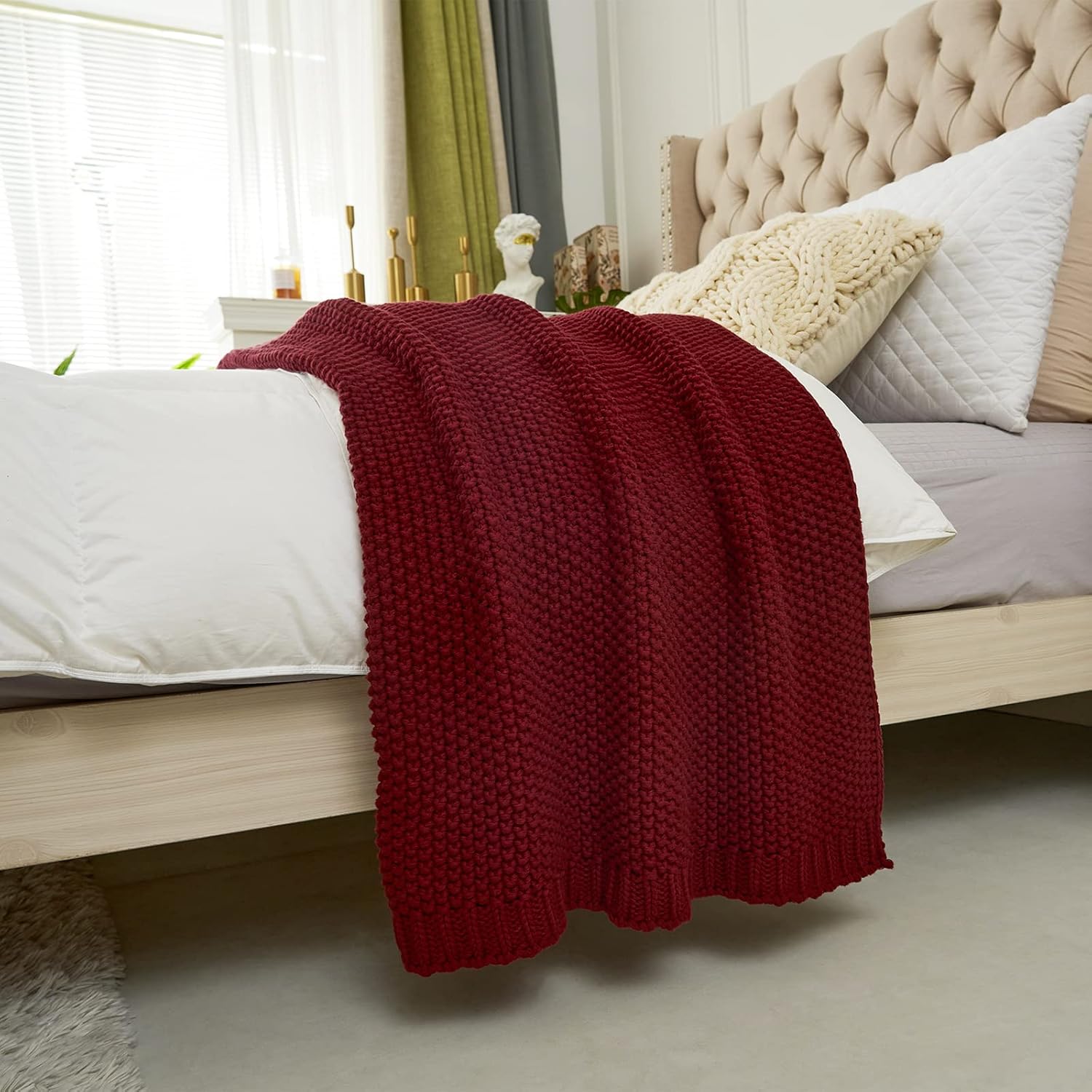 Chunky Cable Knit Throw Blanket Lightweight Wine red 100% Organic Cotton Blanket for Sofa Couch Bed Baby Nursery, Rustic Shabby Chic Modern Farmhouse, 60” x 80” Give Laundering Bag - Image 9