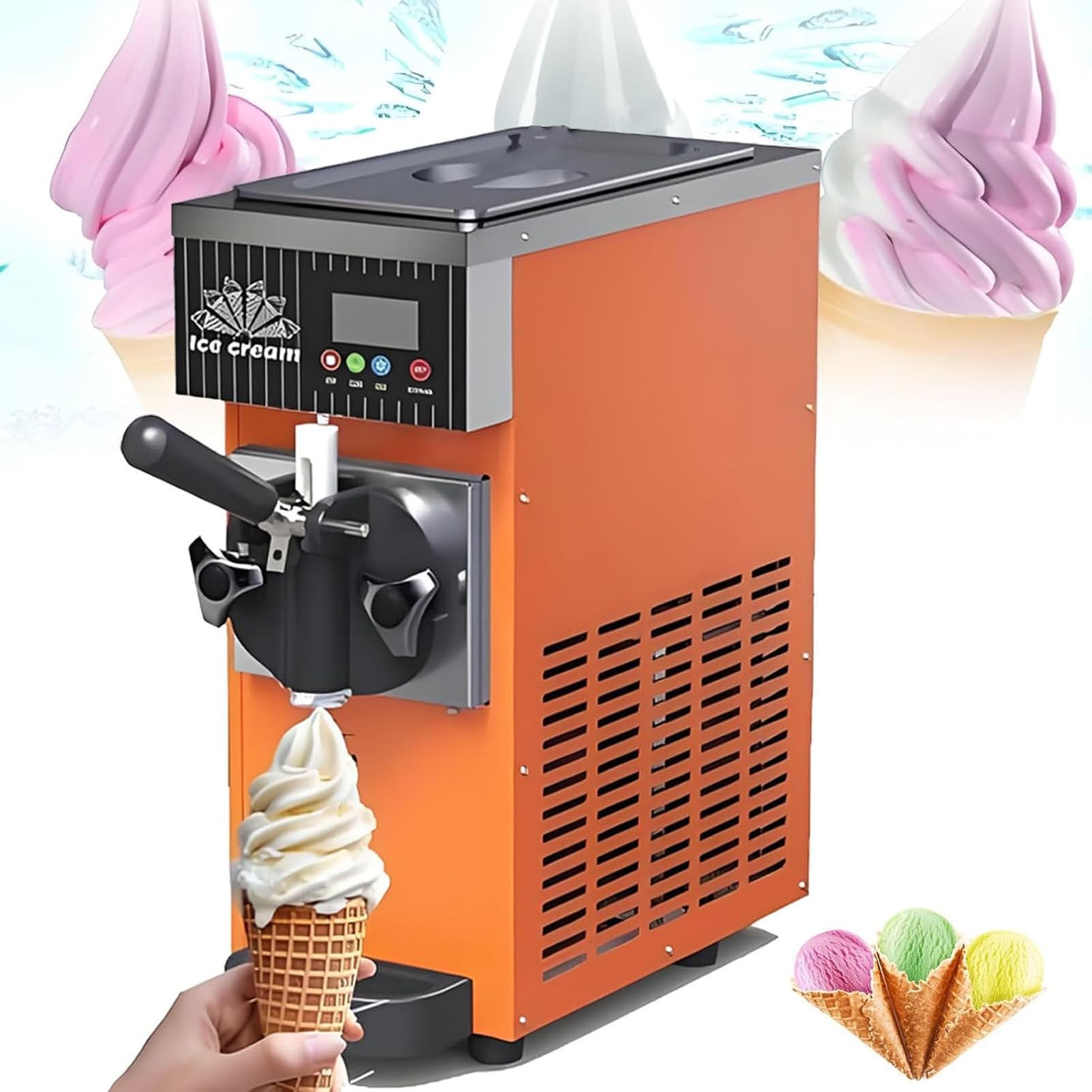 PioMue Soft Serve Ice Cream Maker Machine, Commercial 4-5kg/H Capacity with LCD Panel and Automatic Cleaning, Ideal for Snack Bars,Yogurt, Coffee OrangeYellow