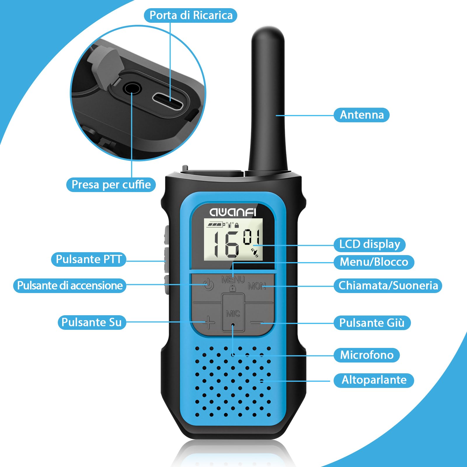 Walkie-Talkie 4 Pezzi, Walkie Talkie Ricaricabile con 1200mAh Batteria, Walkie-Talkies per Bambini Adulti, 16 Canali/VOX/Cavo USB-C, Walky Talky Lungo Raggio per Campeggio Escursioni