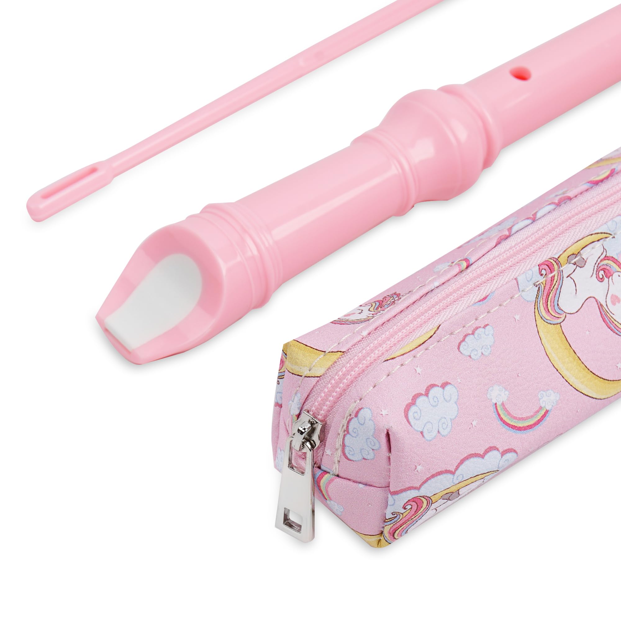 Flûte à bec soprano,avec sac en cuir pu, tige de nettoyage et tableau des doigtés,Chiffons de nettoyage,pièges à main,supports,lanières(6-La Licorne rose)