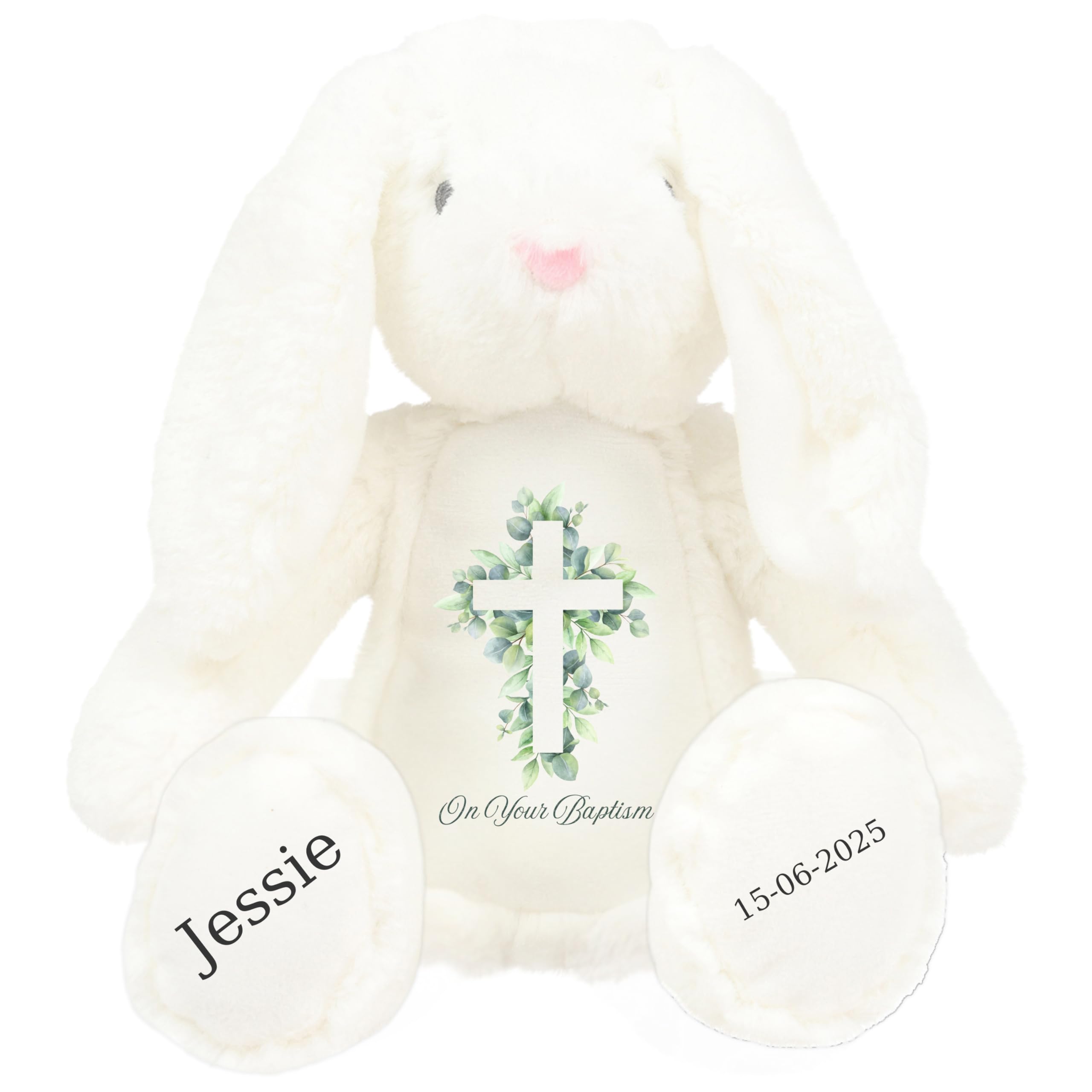 HotScamp Personalised Baptism Bunny with Name - Eucalyptus Leaf Cross On your Baptism Day Soft Toy for Baby, Child, Kids, Babies Christening Church Spring Time - Pink Letter White Bunny