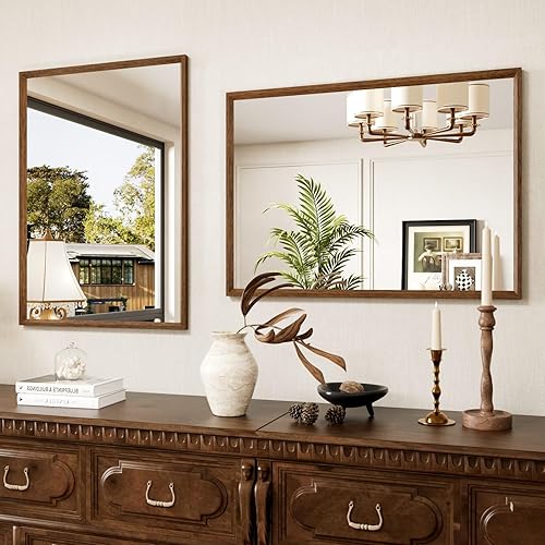 Miniatura 140 de Espejo de baño dorado, 48 x 30 pulgadas, espejo de marco de metal dorado cepillado para pared, espejo rectangular redondeado de tocador de baño