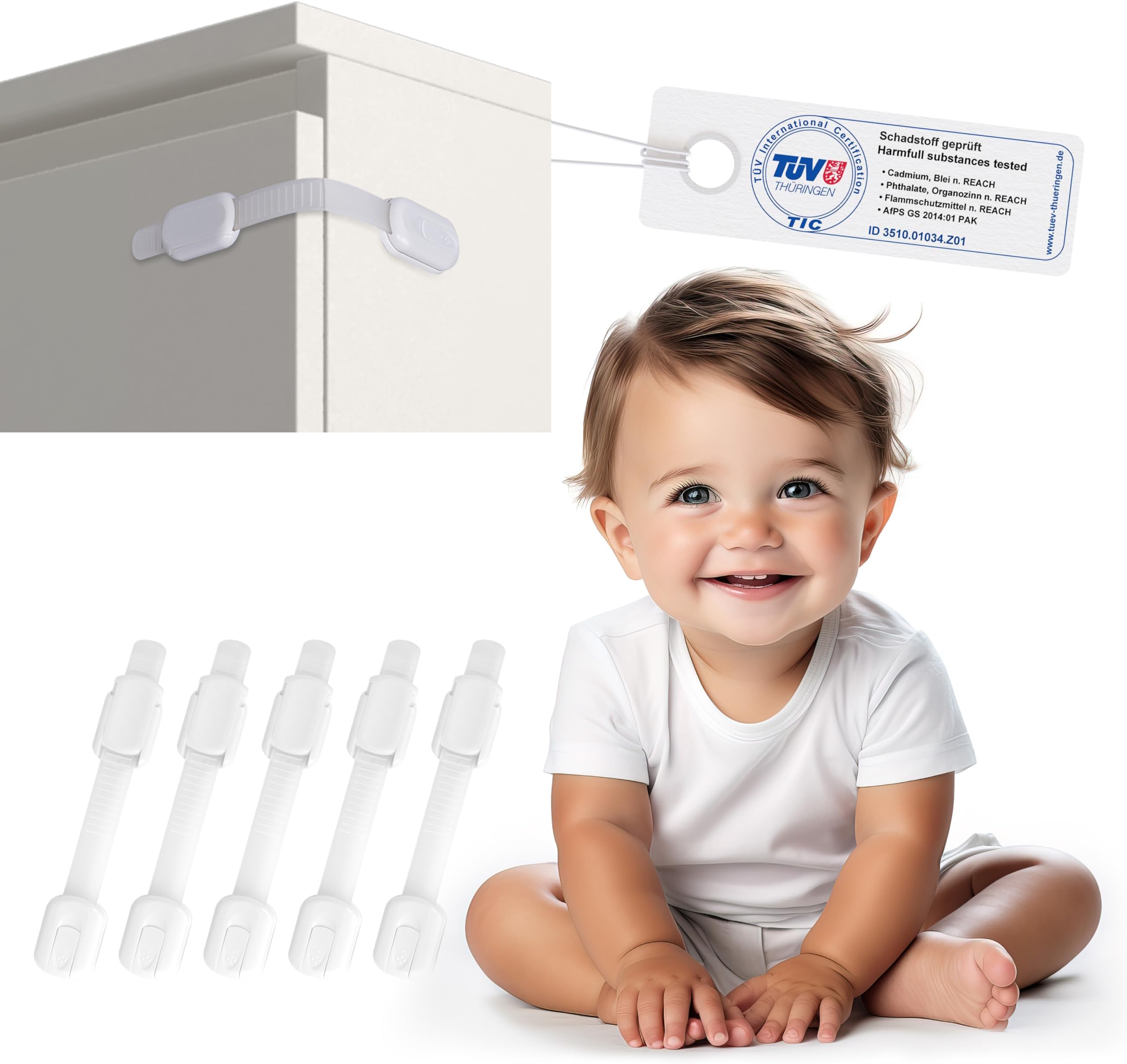 Child Safety Locks | Pack of 6| Adhesive bonding, no Drilling | Lock for cupboards and Drawers | White