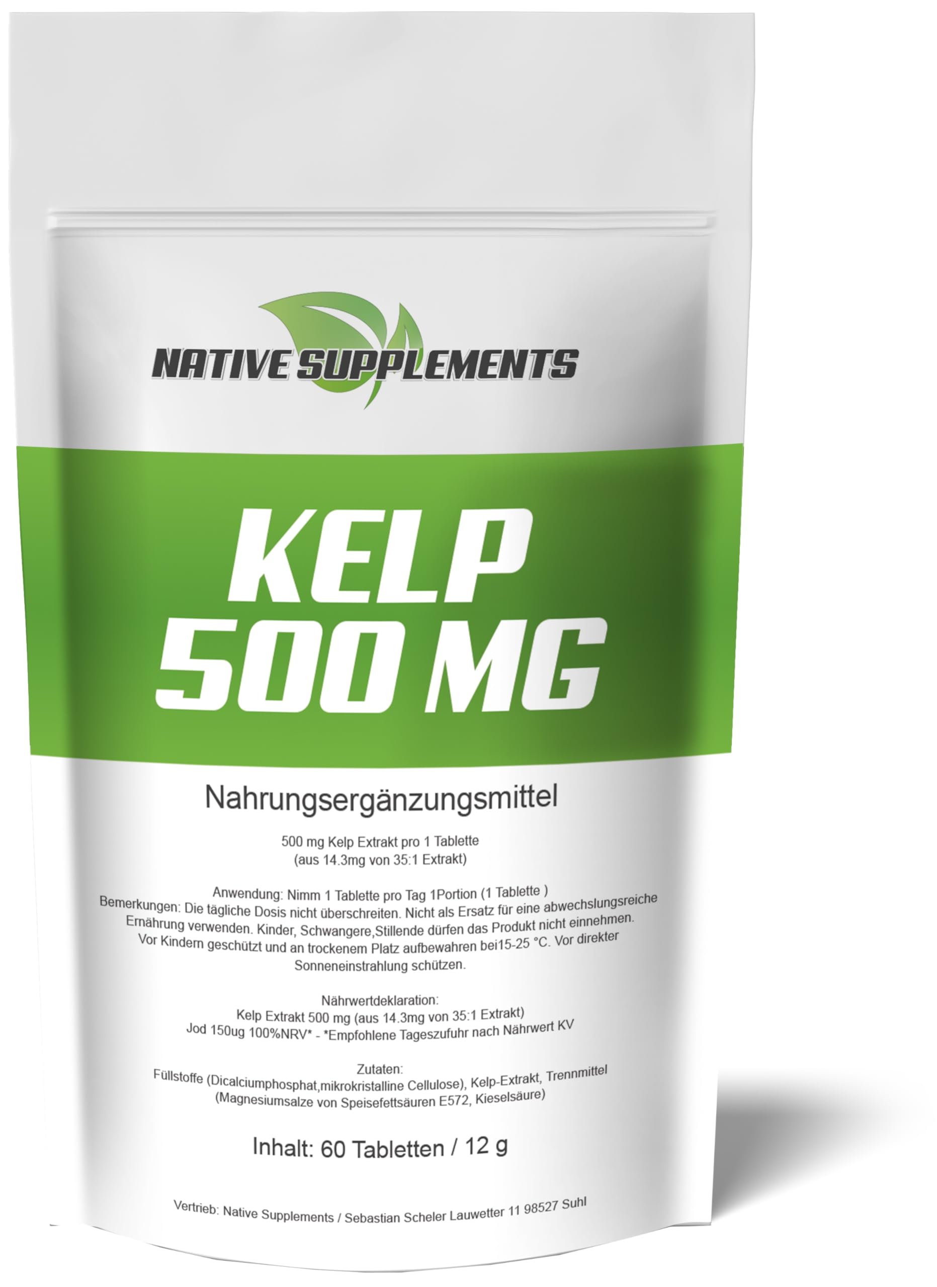 Kelp Extrakt 500 mg + 150 µg Jod Tabletten Komplex Hochdosiert Nur EINE Tablette pro Tag Premium Seealgen Algen Braunalgen Pulver vegan Multivitamin C B B12 - eine Packung