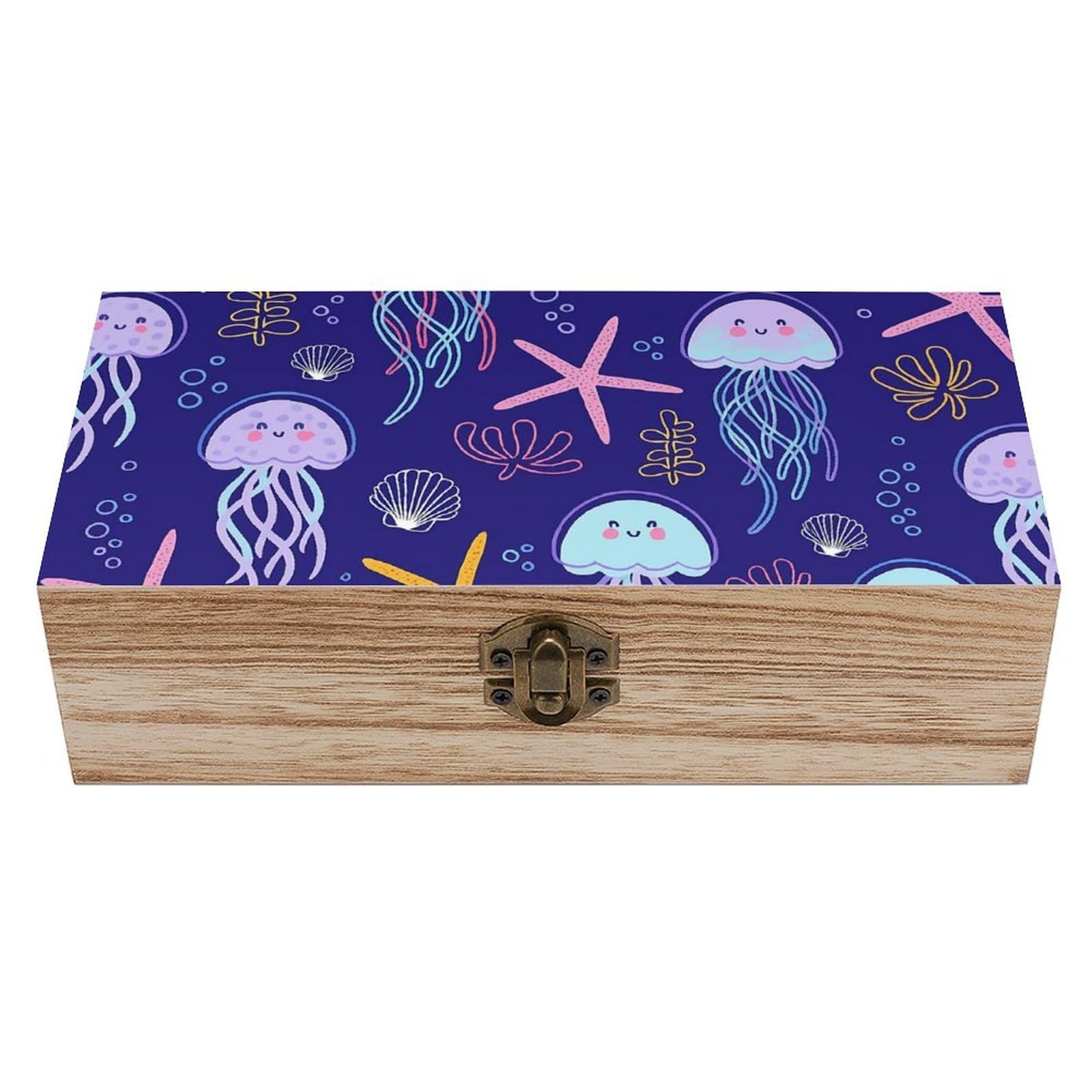 Oudrspo Cute Jellyfish And Starfish Retro Wooden Storage Box Keepsake Jewelry Decorative Art Storages Box Gift Boxs