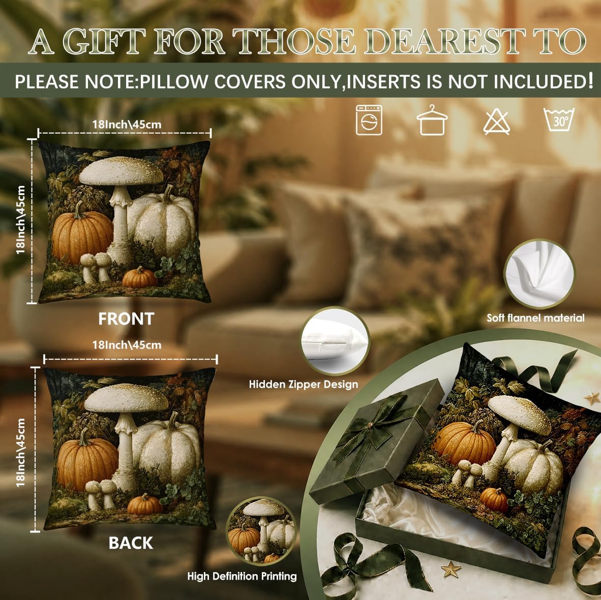 Moody Fall Pumpkin Mushroom Pillow Cover Decor 18x18 image 2