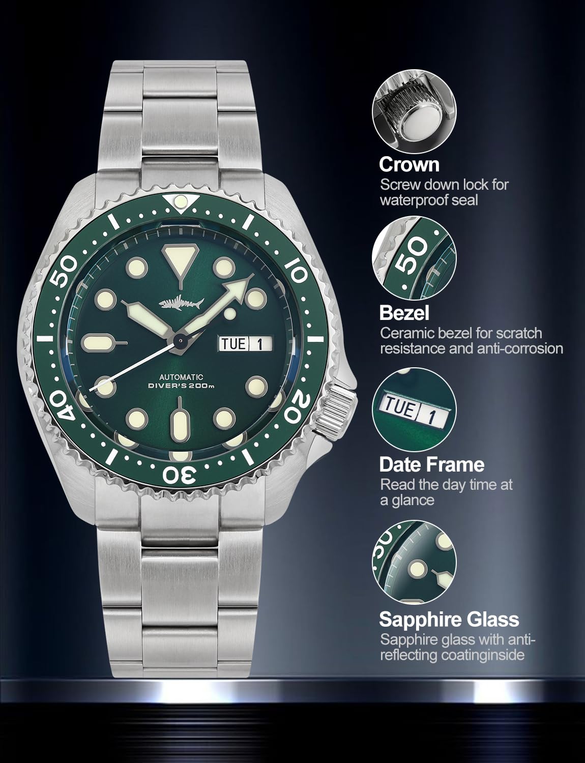 TACTICAL FROG Heimdallr SKX007 Montre pour homme, mouvement NH36A saphir cristal 200 m Montres automatiques C3 lumineuses, cadran de 42 mm