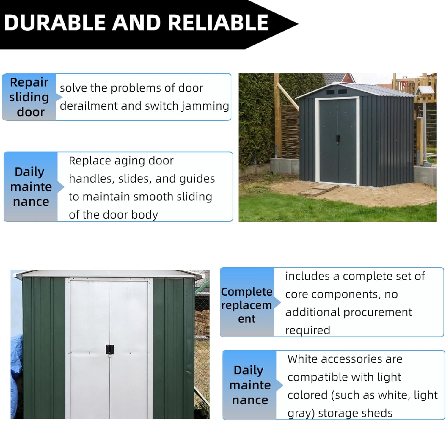 DK100-A Shed Door Full Kit Door Tune-Up Kit Replacements Parts for Arrow Shed Sliding Doors Includes 2 Door Handles, 4 Lower Door Guides, 4 Door Slides, Screws and Nuts-Black