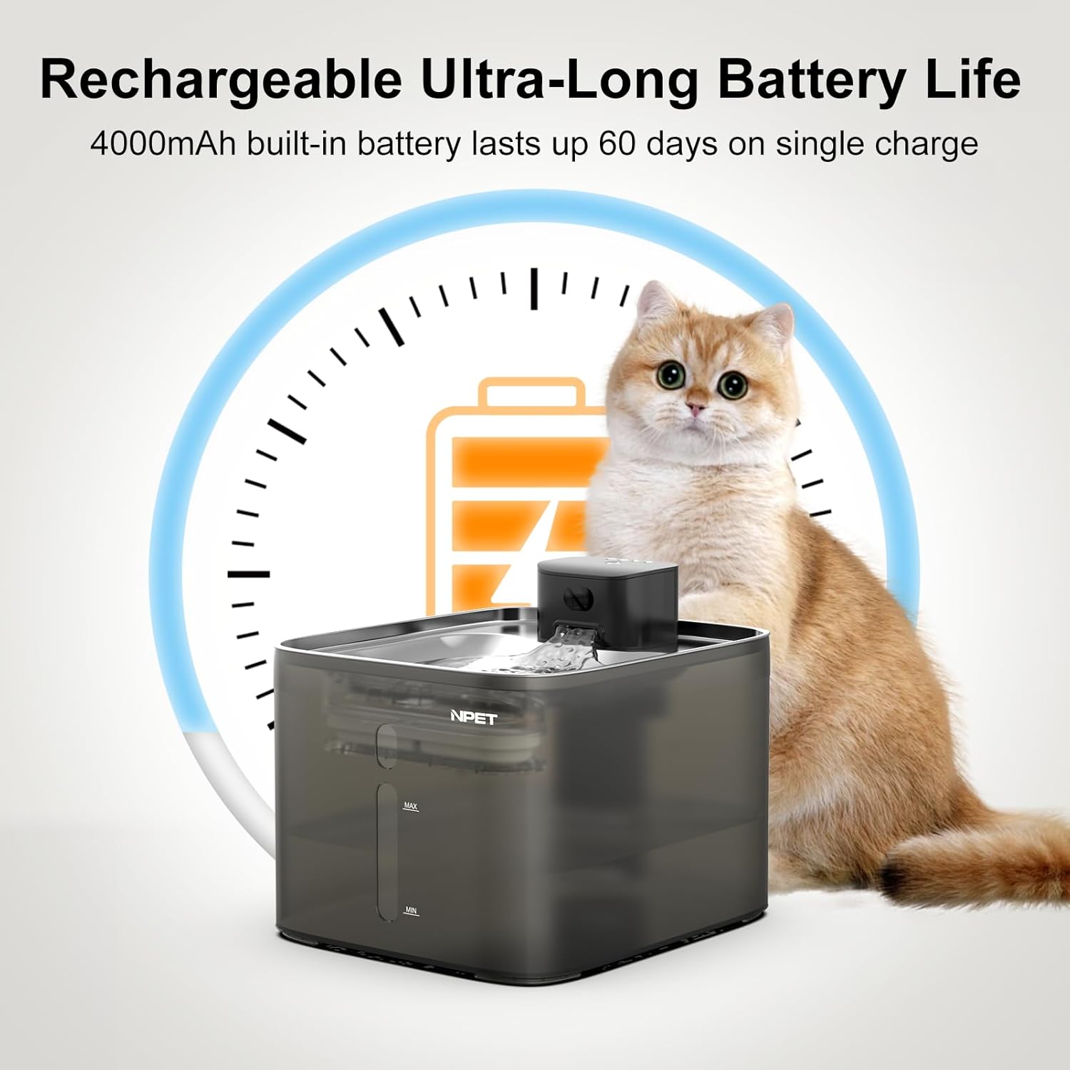 NPET Wireless Cat Water Fountain, 4L/1Gallon Battery Operated Pet Fountain with Smart Motion Sensor, 4000mAh Rechargeable Battery & Quiet Pump, Automatic Cordless Water Dispenser for Cats, Dogs,Pets