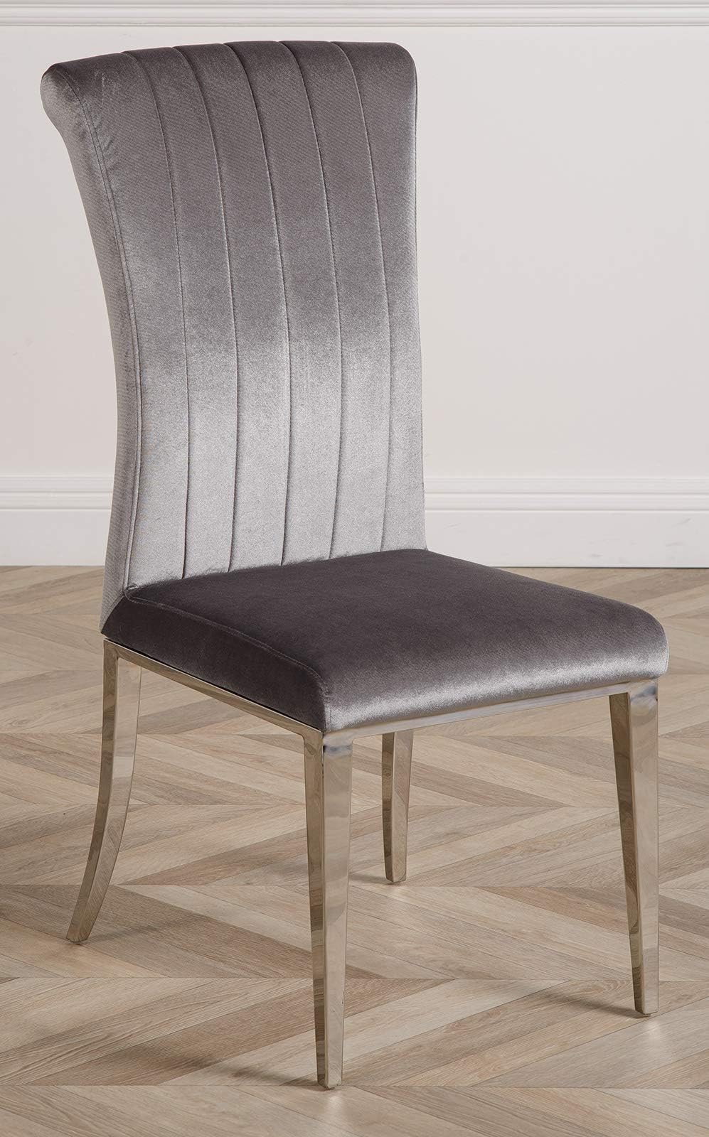 Oak Furniture KingParis Grey Fabric Dining Chair | Luxury Plush Velvet Dining Chairs with Scroll Top & Stainless Steel Legs