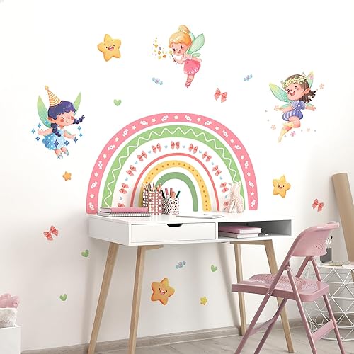 Miniatura 3 de Tanlaby Calcomanías de pared grandes de hadas de arco iris, calcomanías de pared de elfo y estrellas, calcomanías de pared para niñas, dormitorio,