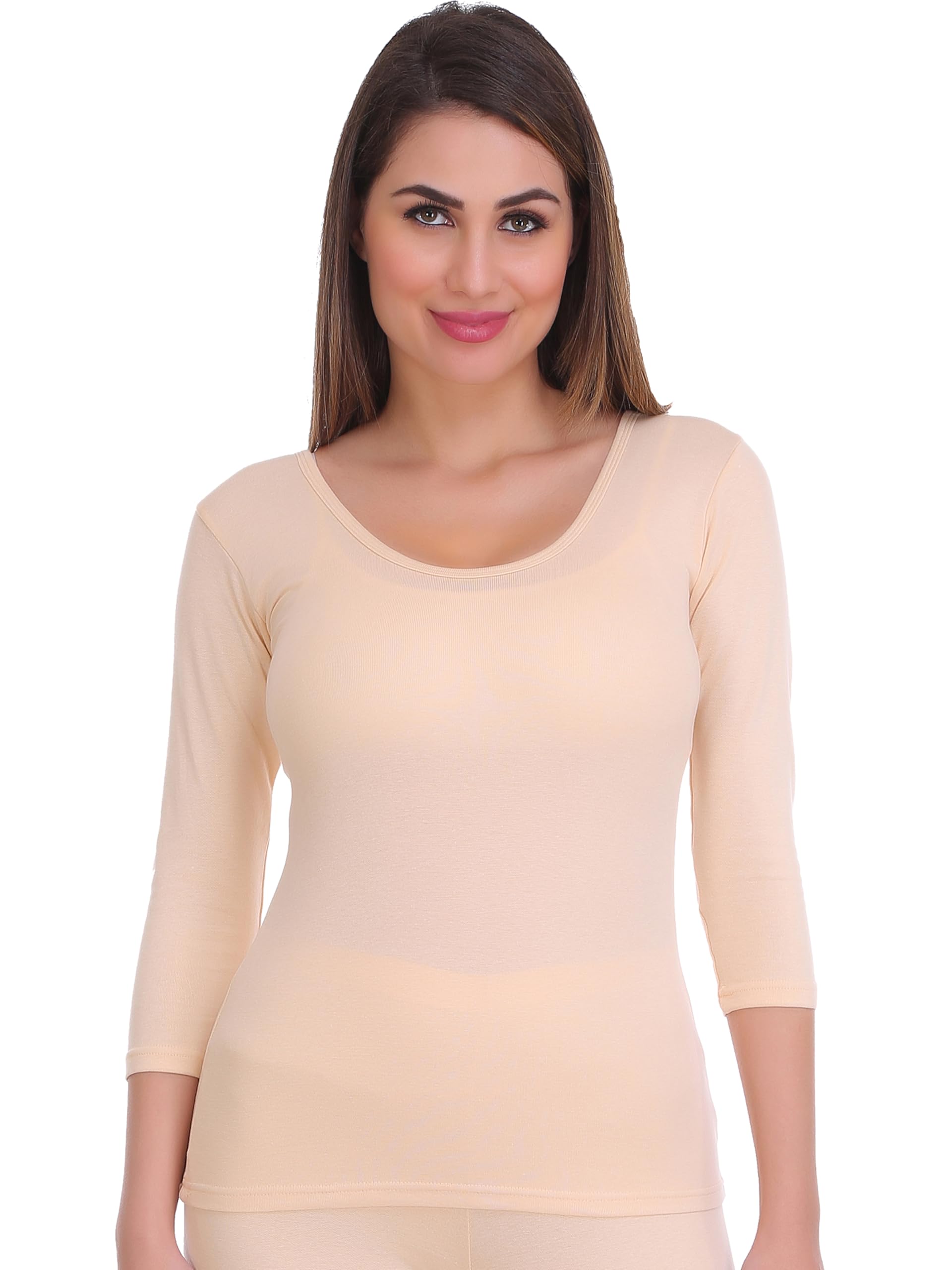 Selfcare Women Solid Cotton Blend Round Neck Beige Thermal Set (SW0557-L) - Image 5 thumbnail