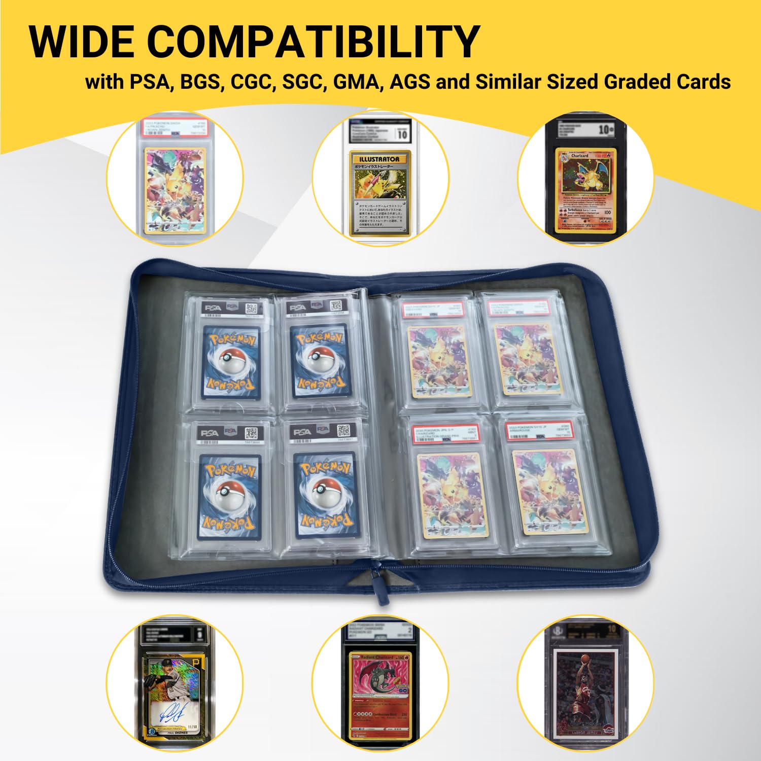 bindrz 4 Pocket Graded Card Binder – Holds 32 Slabs - Archival Safe Zipper Album Storage Compatible with PSA, BGS, CGC, SGC, TAG and AGS Slab (Blue)