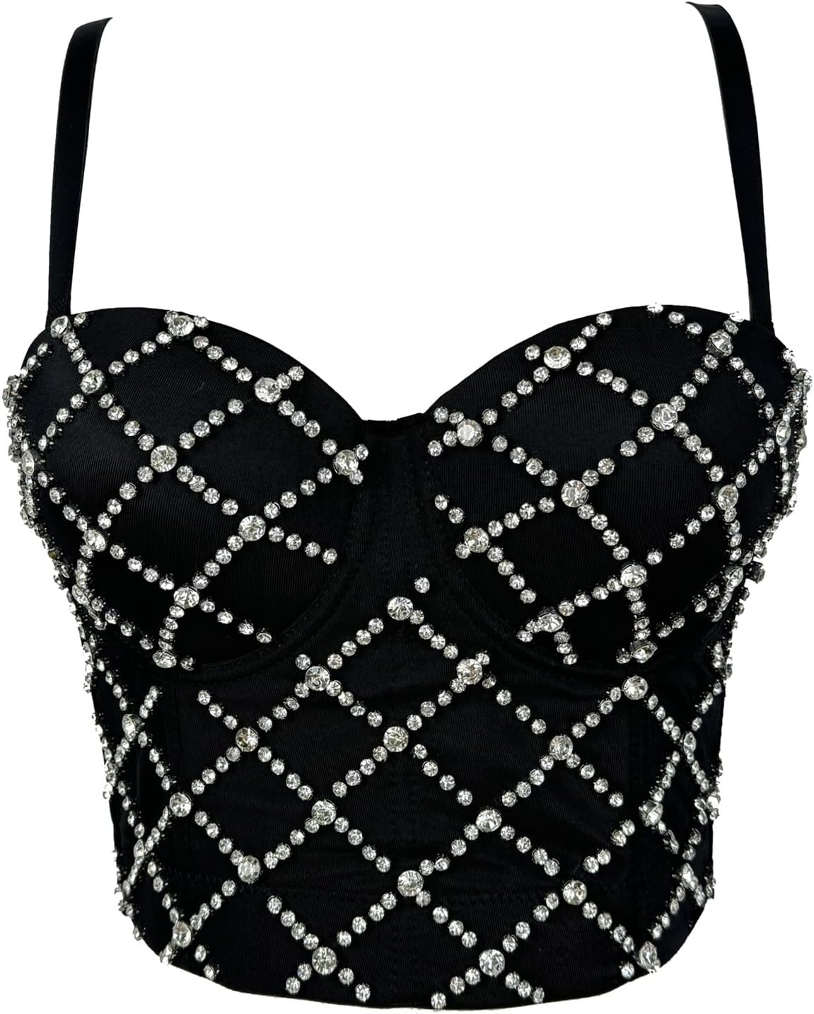 VEENDEO Women's Sequin Bustier Crop Top Mesh Corset Top Push up Rhinestone Diamond Bra Club Party Vest Detachable Straps