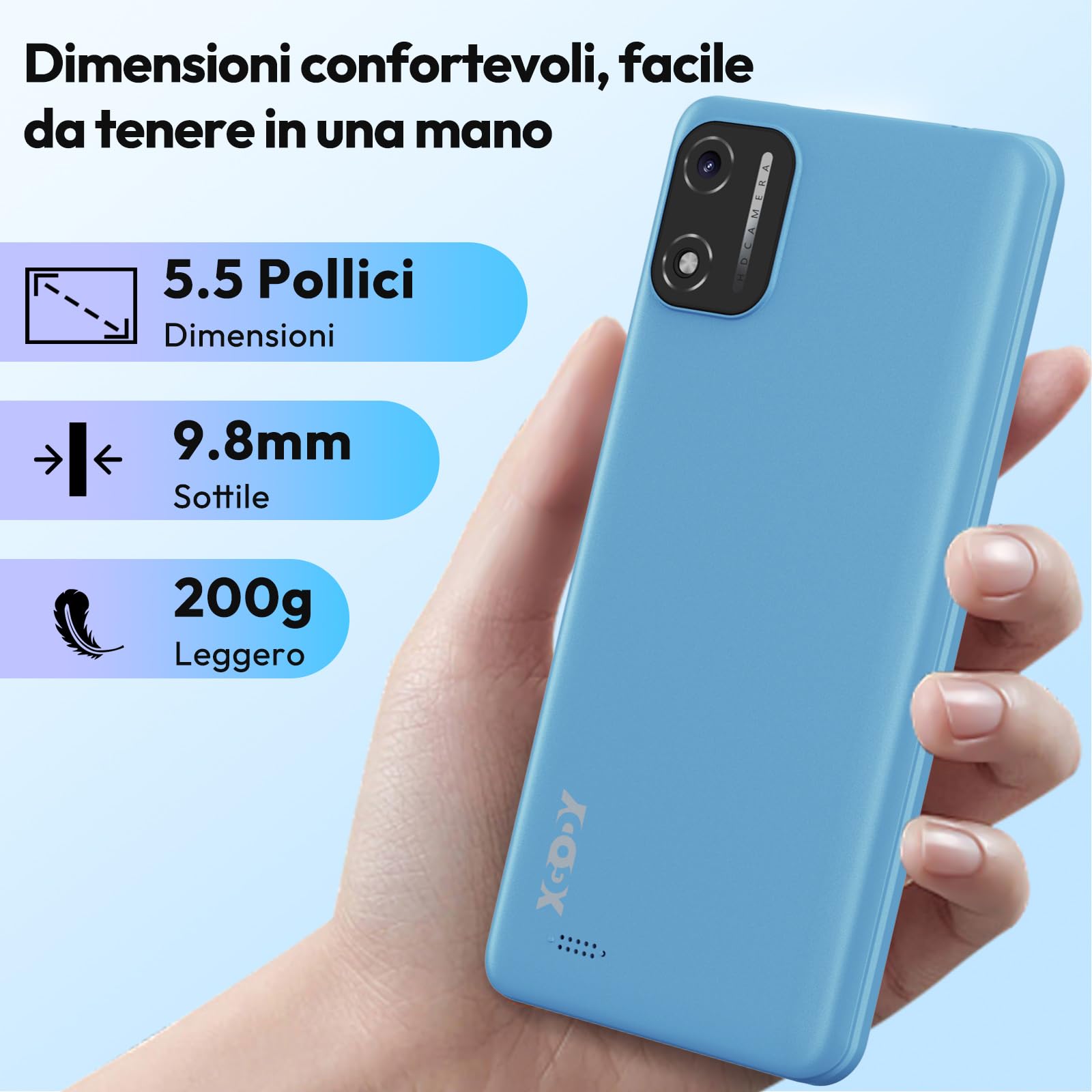 Xgody X32 Telefono cellulare senza contratto, 5,5 pollici, 2 GB + 16 GB 128 GB espandibile, Octa-Core Android 14, Dual SIM Dual Standby, fotocamera 8 MP+5 MP, Face ID GPS 4G cellulare (Blu)
