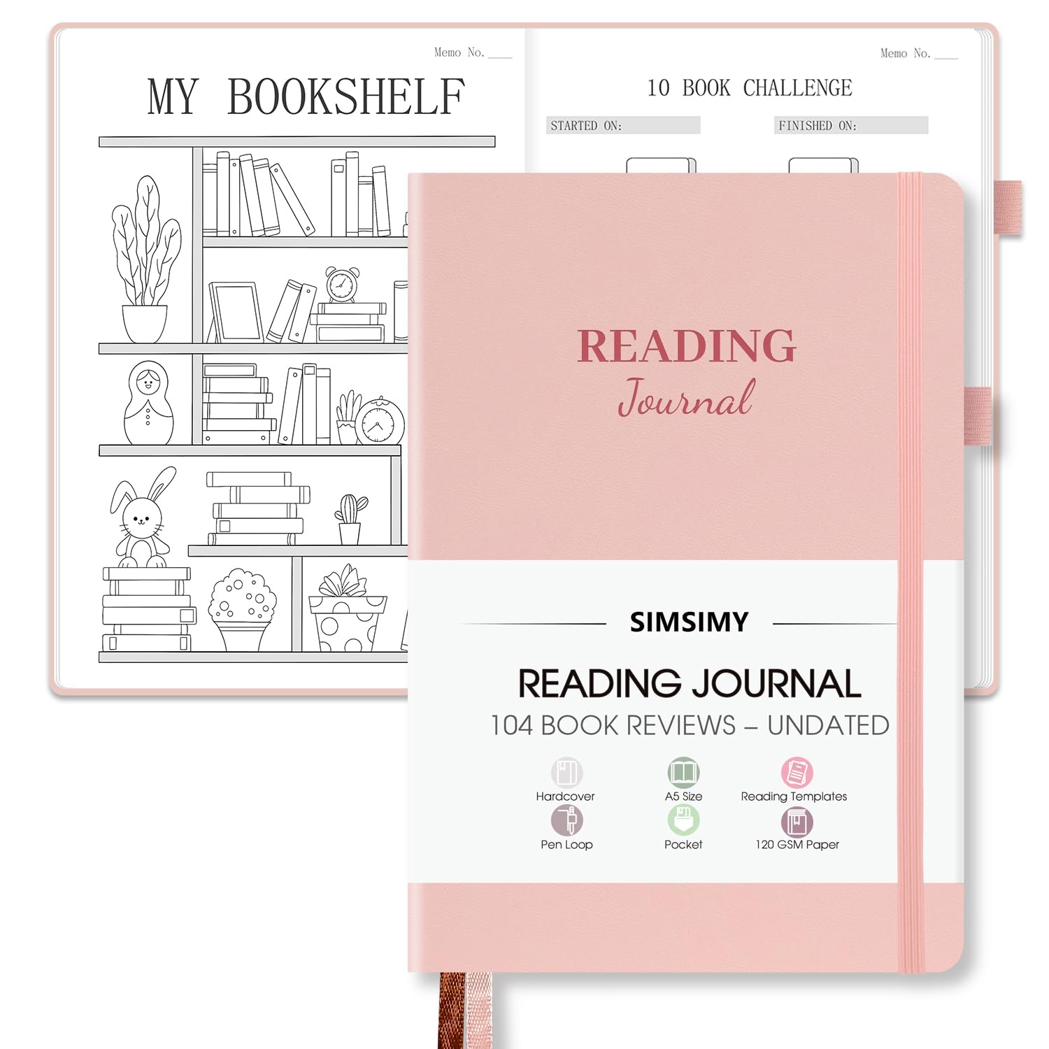 SIMSIMY Journal for Book Lovers - 104 Fillable Book Reviews & Reading Log Notebook with Back Pocket & Pen Loop, A5 — image 1