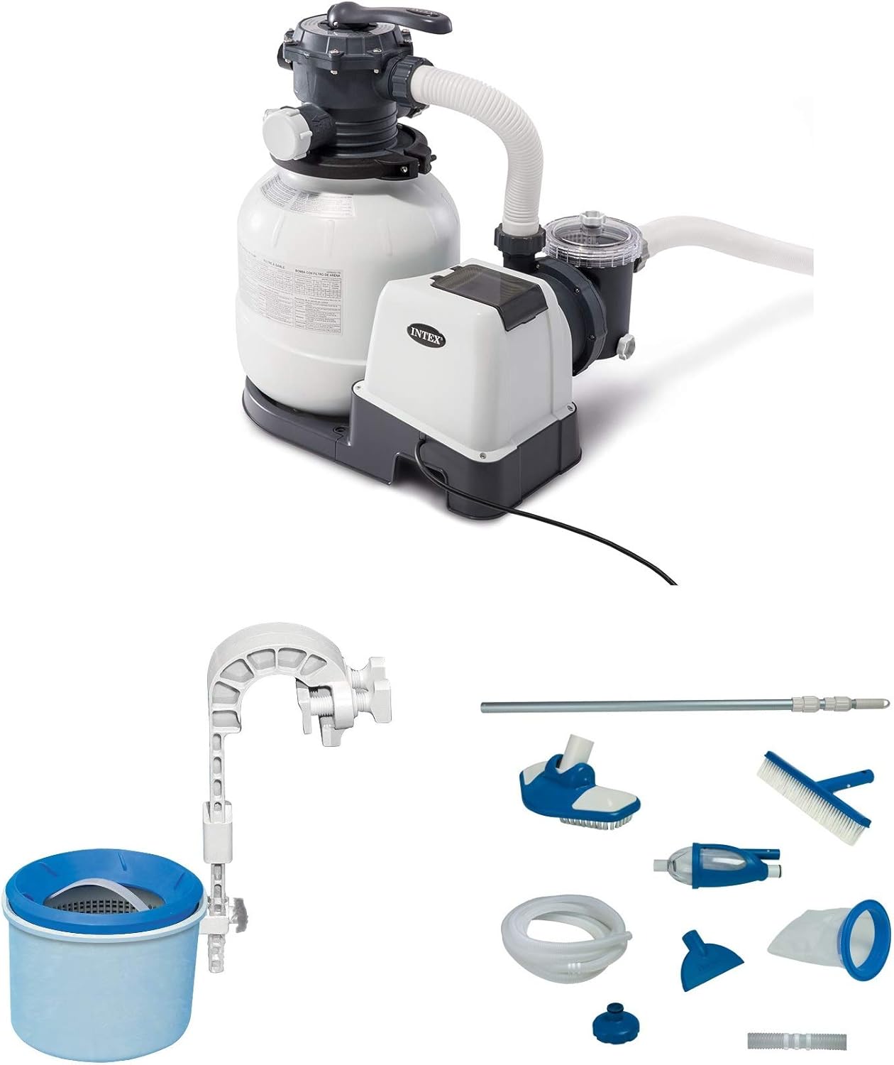 Intex 2100 GPH Sand Filter Pump Automatic Timer Device Bundled with Deluxe Maintenance Kit and Wall-Mounted Surface Skimmer for Above Ground Pools