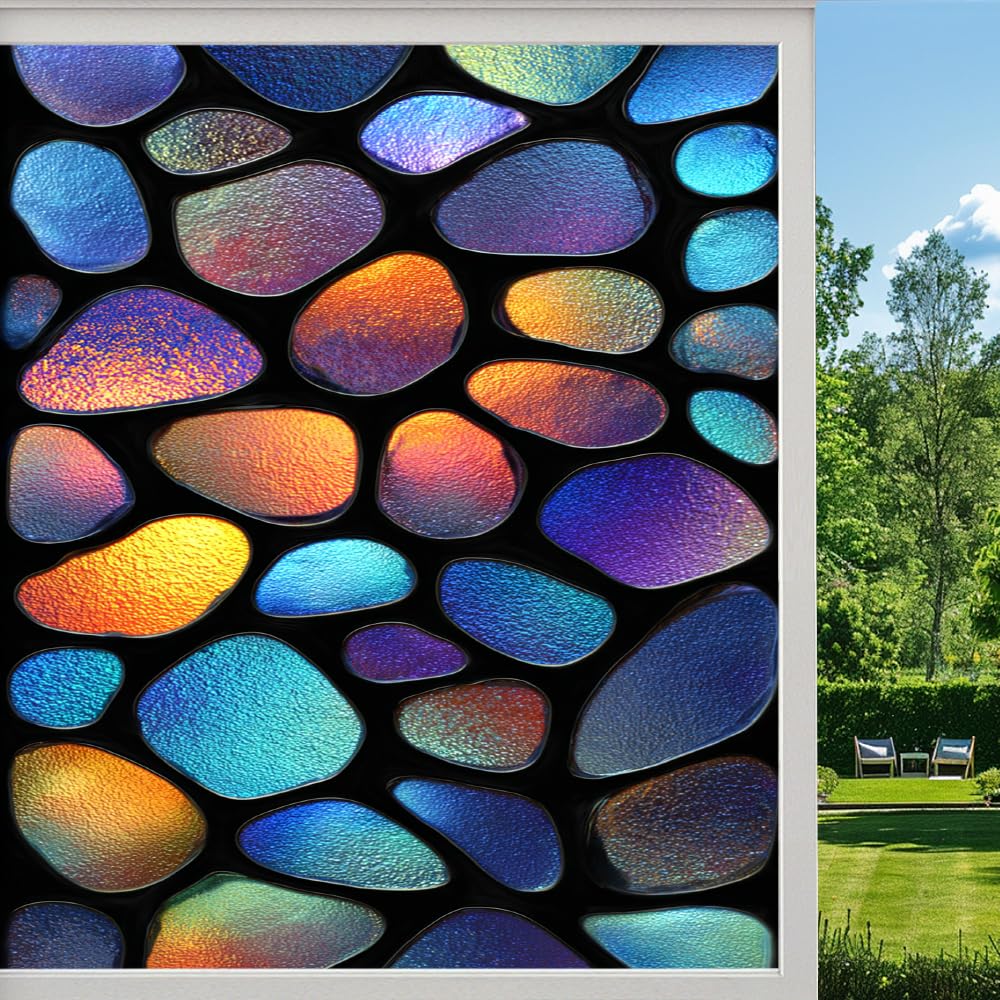 Pmlbaous Geometric Pebbles Privacy Window Film, Colorful Abstract Color Blocks Frosted Self-Adhesive Vinyl Cling For Glass Doors Bathroom Windows Sun Blocking Heat Control, （55X80cm）
