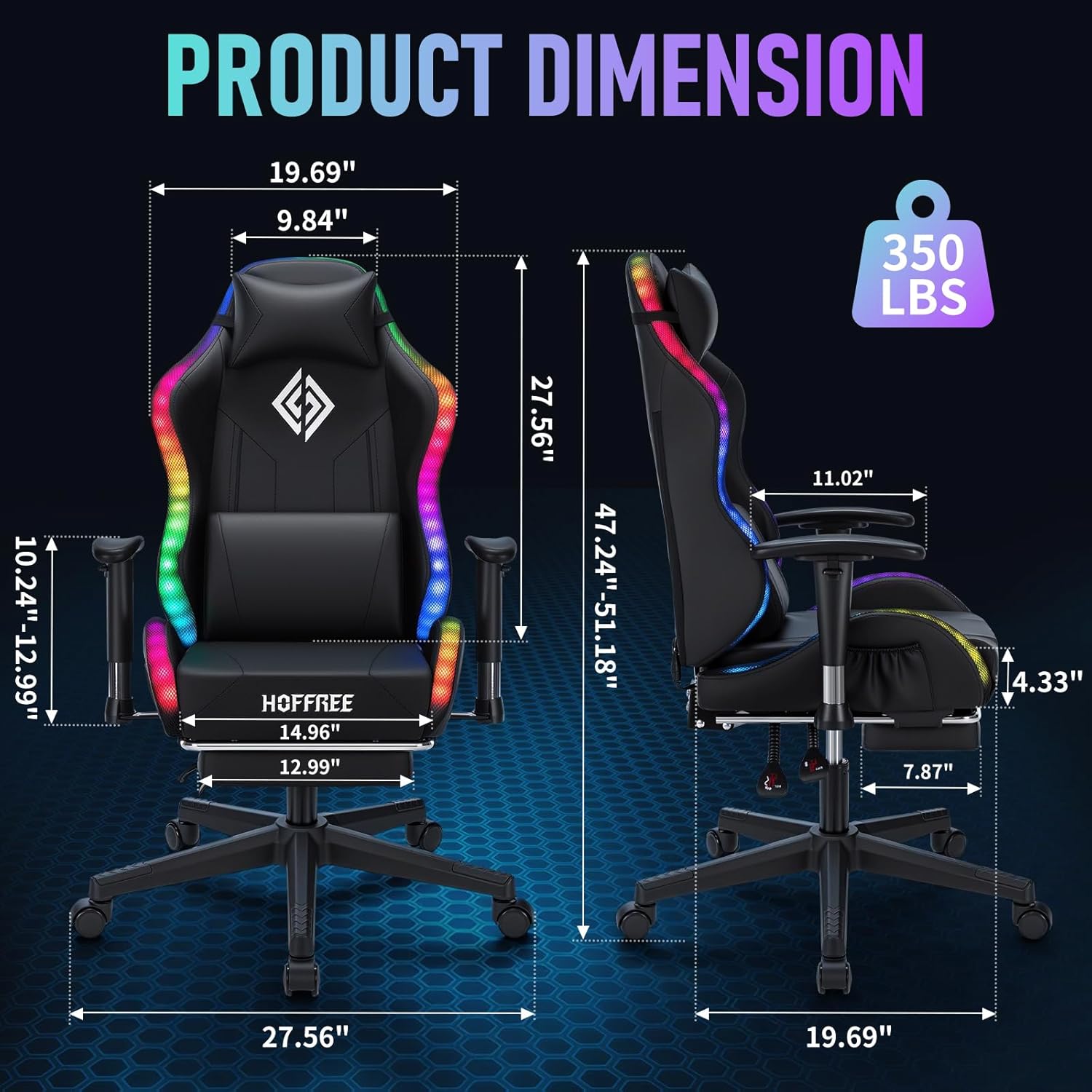 HOFFREE RGB LED Gaming Chair for Kids Reclining Gaming Chairs for Teens 8-15 Computer Chair with RGB Lights Kids PC Game Chair with Footrest and Lumbar Support Video Game Chairs Black