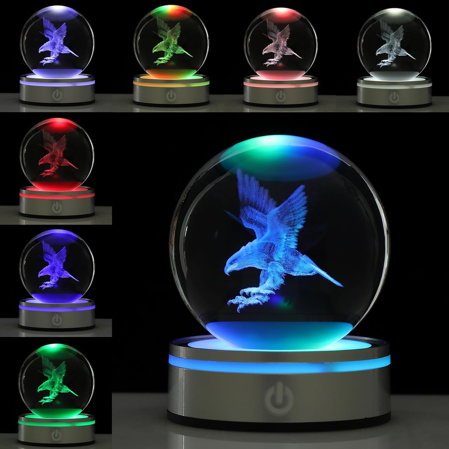 3D Eagle Crystal Ball 3.15 inch Night Light，Colorful Table Lamp of Laser Eagles Glass Home Decor，Presents for Fathers Mother Kids Boys Friends Birthday，Statue Stuff for Room Decorations