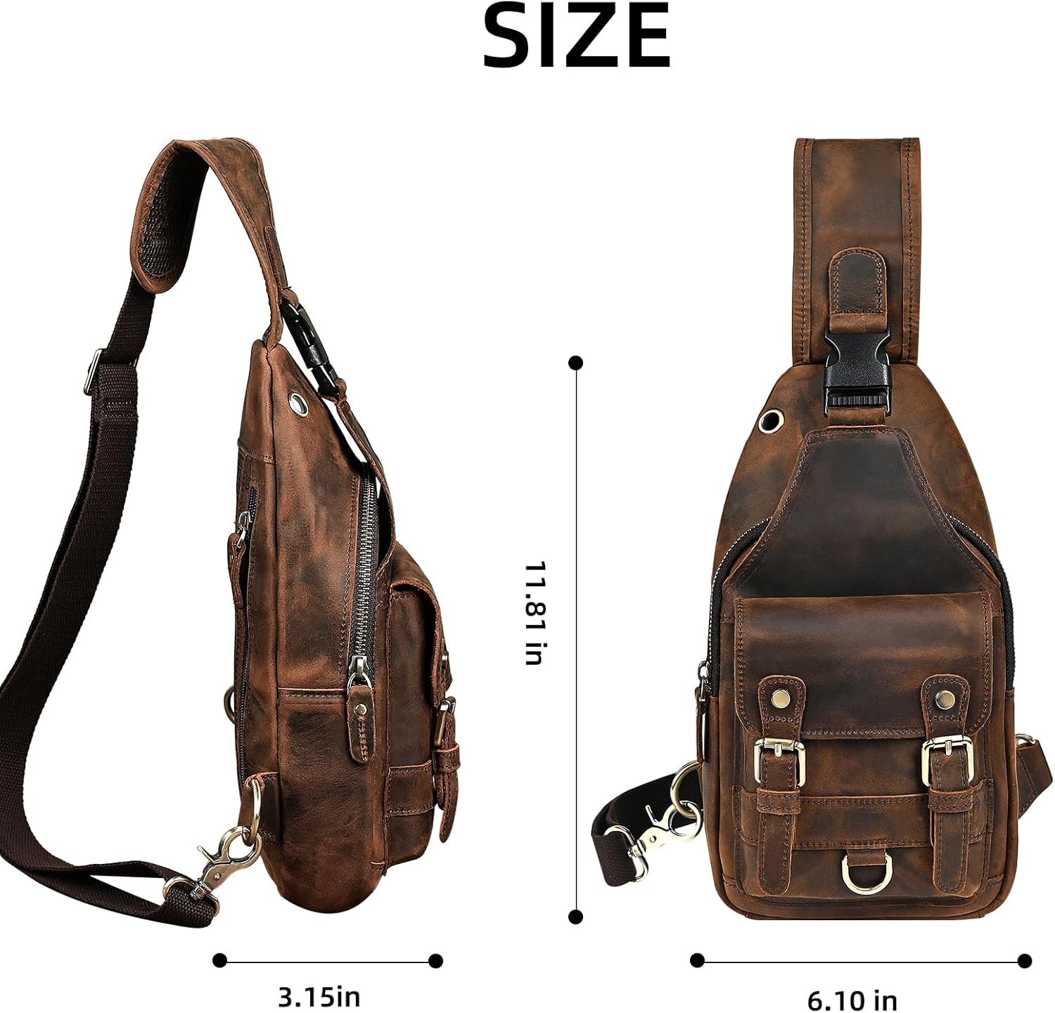 Genuine Leather Hiking Travel DayPack Sling Crossbody Triangle Chest Pack Bag For Men Women 8241 (Brown 258204)