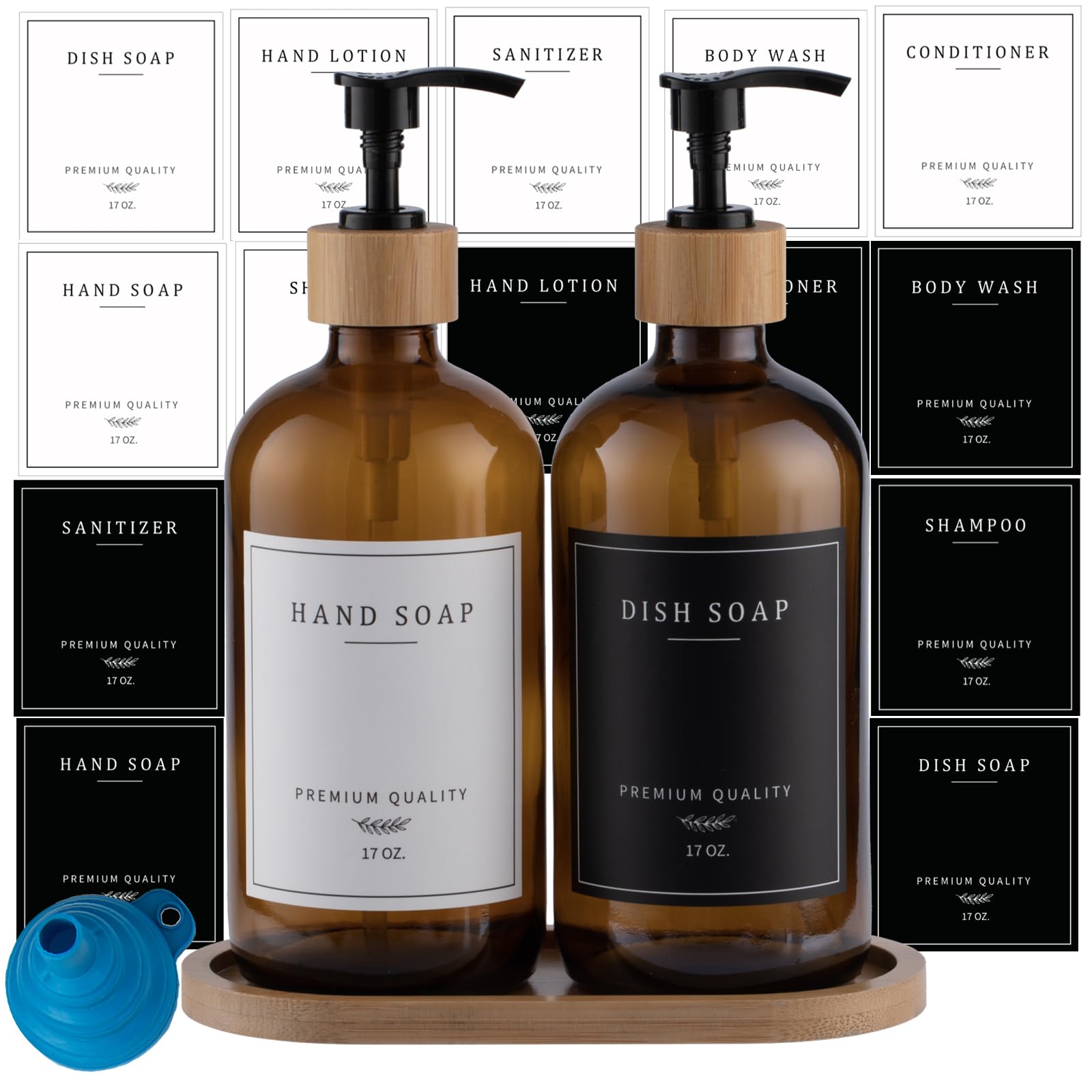 Amber Glass Soap Dispenser - Dish Hand Soap Dispenser for Kitchen Set, Soap Lotion Dispenser Bathroom with Sturdy Pump and Tray, 14 Waterproof Labels,