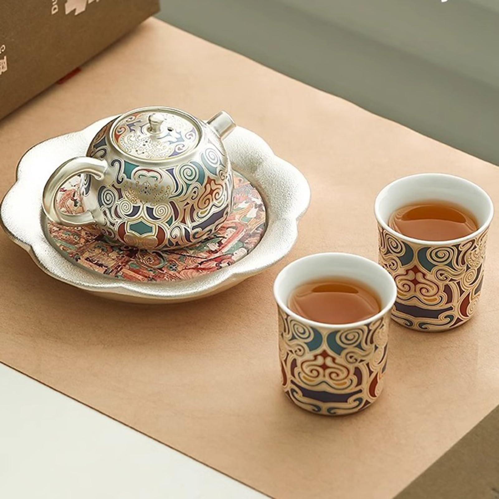 FOTN Juego de té vintage único, cerámica y plata, 1 olla, 2 tazas, 1 alfombrilla para olla, 1 caja de regalo, juegos de té KungFu, juego de tazas de café de lujo, taza para beber