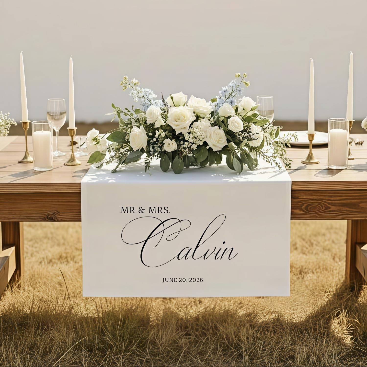 Custom Mr. & Mrs. Table Runner, Personalized Wedding Car Banner, Boho Reception Engagement Party Gift, Outdoor Garden Sweetheart Table Decor