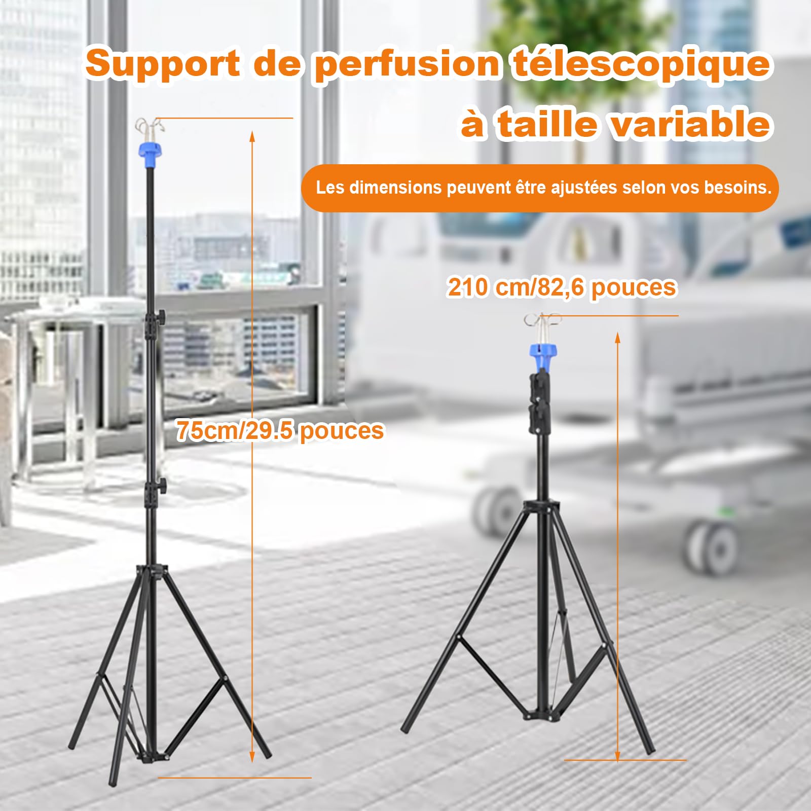 Support à perfusion intraveineuse, support pliable pour perfusion avec 4 Crochets& 3 Pieds, Support de Perche Hauteur réglable de 75 à 210 cm, Perche intraveineuse Pliable pour Les Voyages