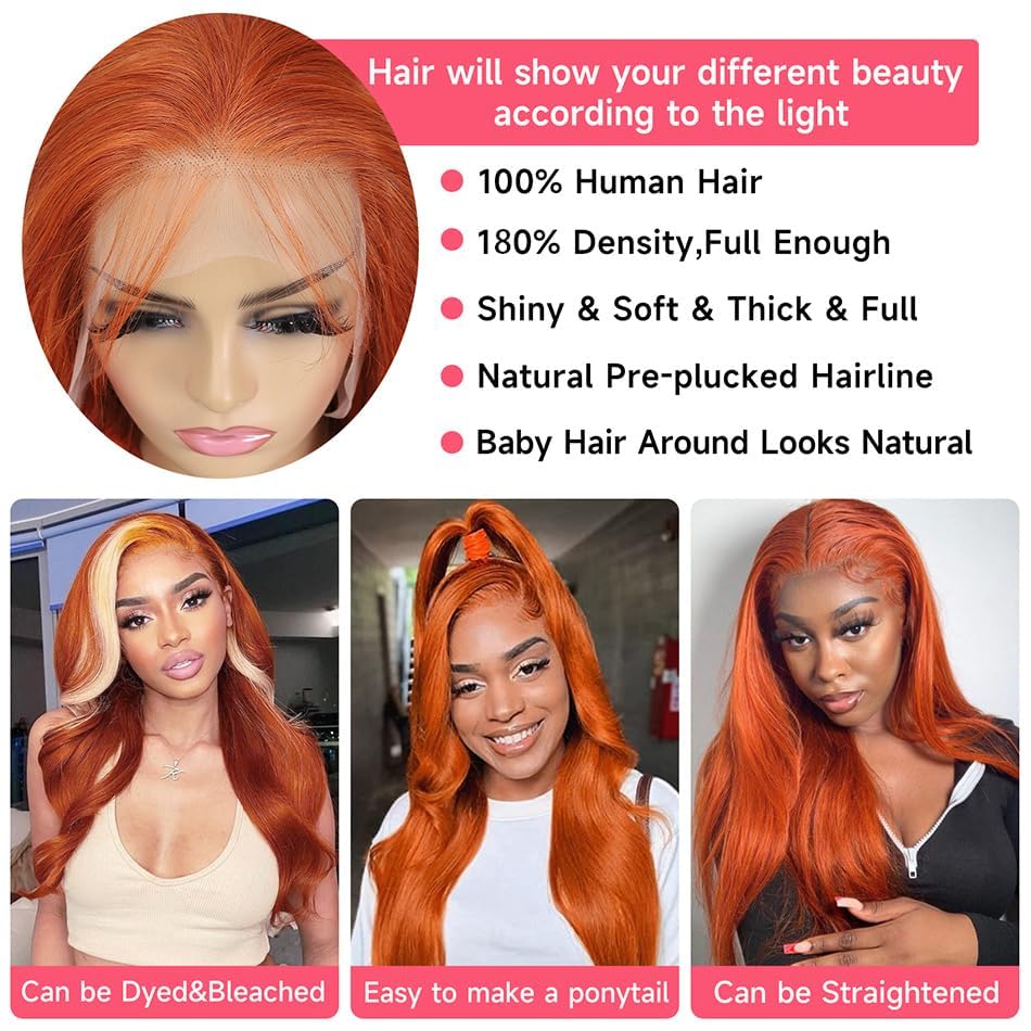 Orange Ginger Lace Front Wigs 16 inch Human Hair Body Wave 13x4 HD Lace Frontal Wigs Human Hair Colored Wigs for Women - Image 3