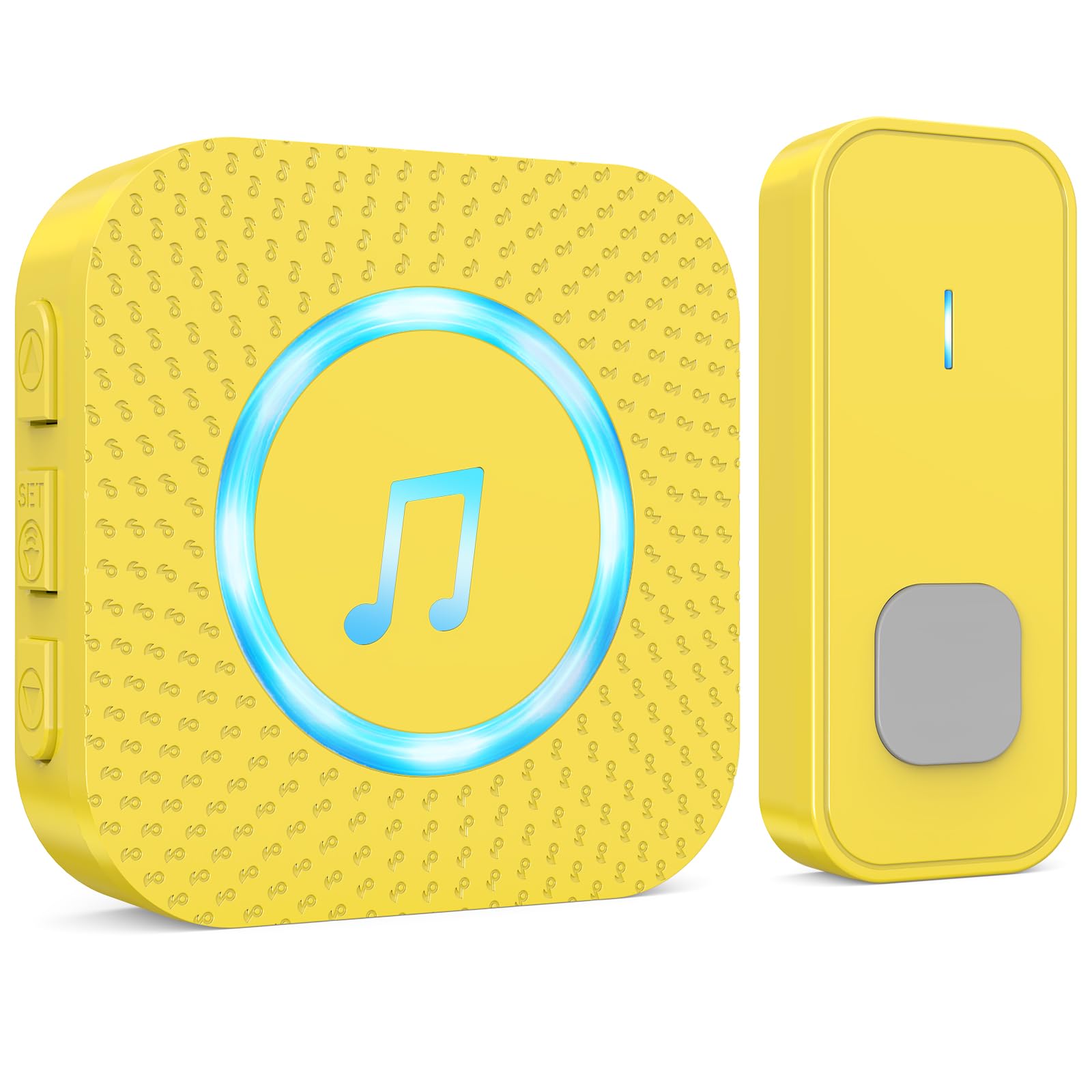SURFOU Campanello Senza Fili da Esterno Interno, Campanello Casa Wireless Pulsante a Lunga Distanza di 400m, 55 Suonerie, 5 Volumi Selezionabili (1 giallo ricevitore + 1 giallo trasmettitore)