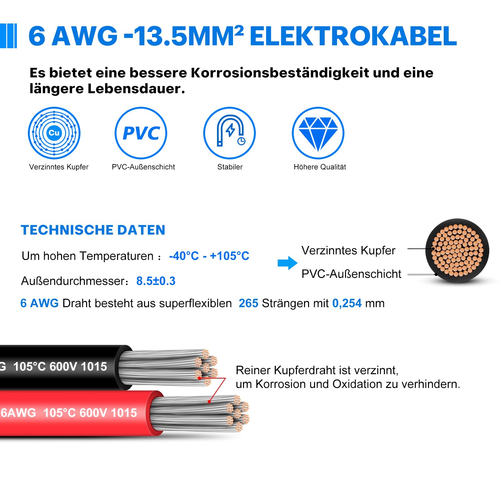 Cavo elettrico in PVC da13,5mm² - 6 AWG Filo elettrico di 6 m (3 Metri nero e 3 Metri rosso) in rame stagnato ad alta temperatura per pannelli solari, elettrodomestici, veicoli, ecc.