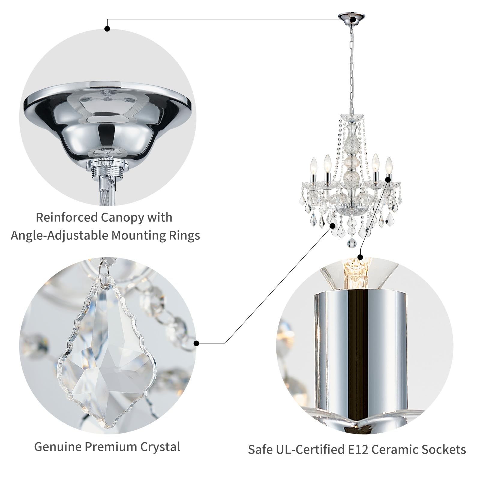 WUZUPS Crystal 5-Light Candle Chandelier Colgante Flushmount Luz de techo Instalación de iluminación moderna para dormitorio Pasillo Bar Cocina Baño, H 63.5cm x W 50.8cm, Chrome, Base E14