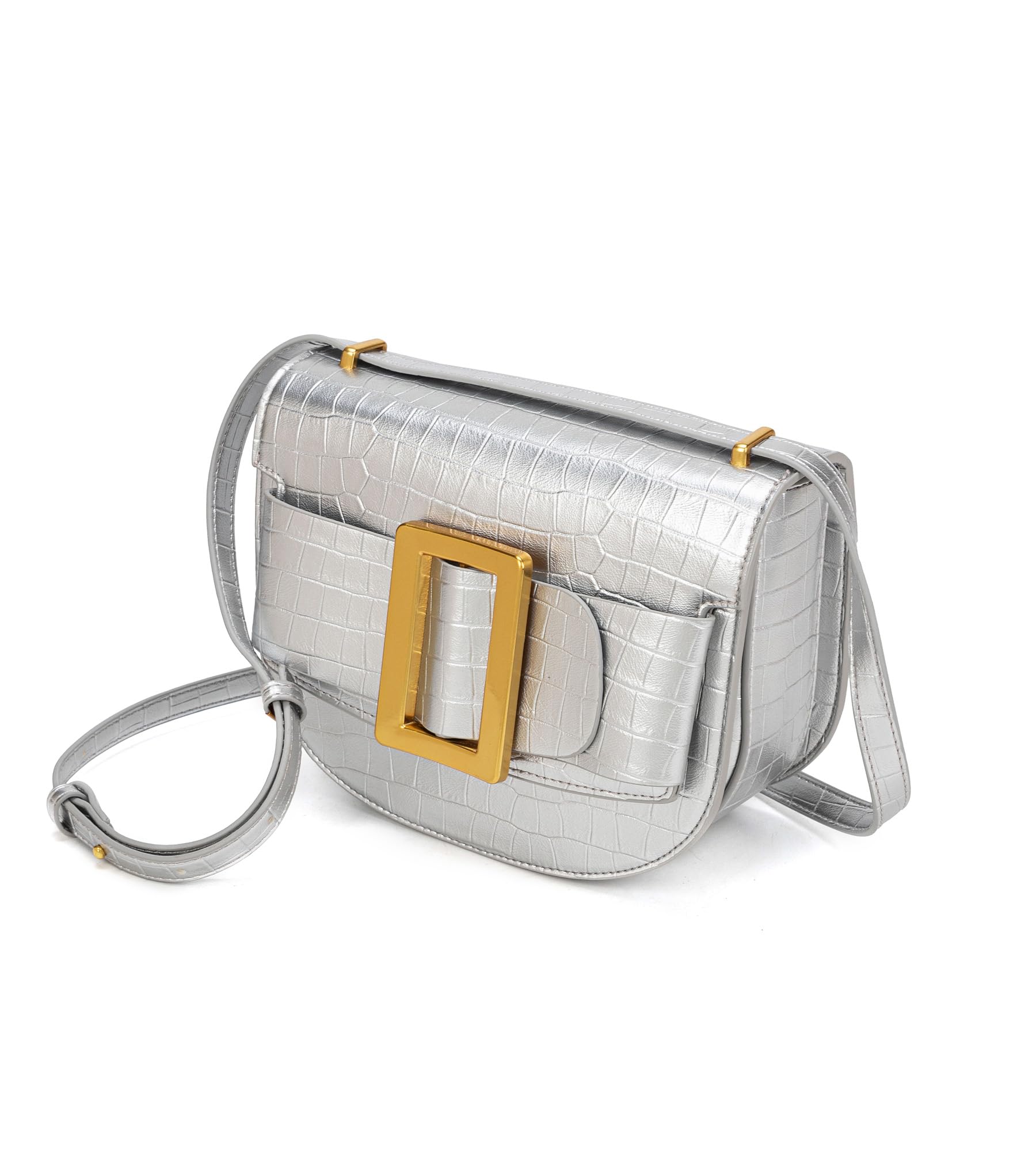 KingTo Croc Embossed Saddle Crossbody Bag, Gold Buckle Shoulder Purse